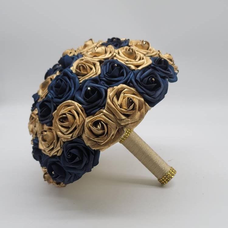 Gold and Navy Wedding Bouquet Made With Real Touch Roses, Bridal Bouquet, Bridesmaid Bouquet and Matching Boutonniere and Corsages Available
