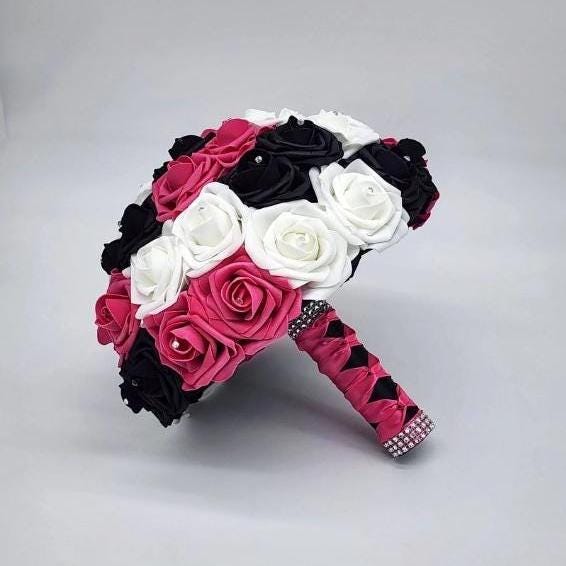 Hot pink, white, and black bouquet