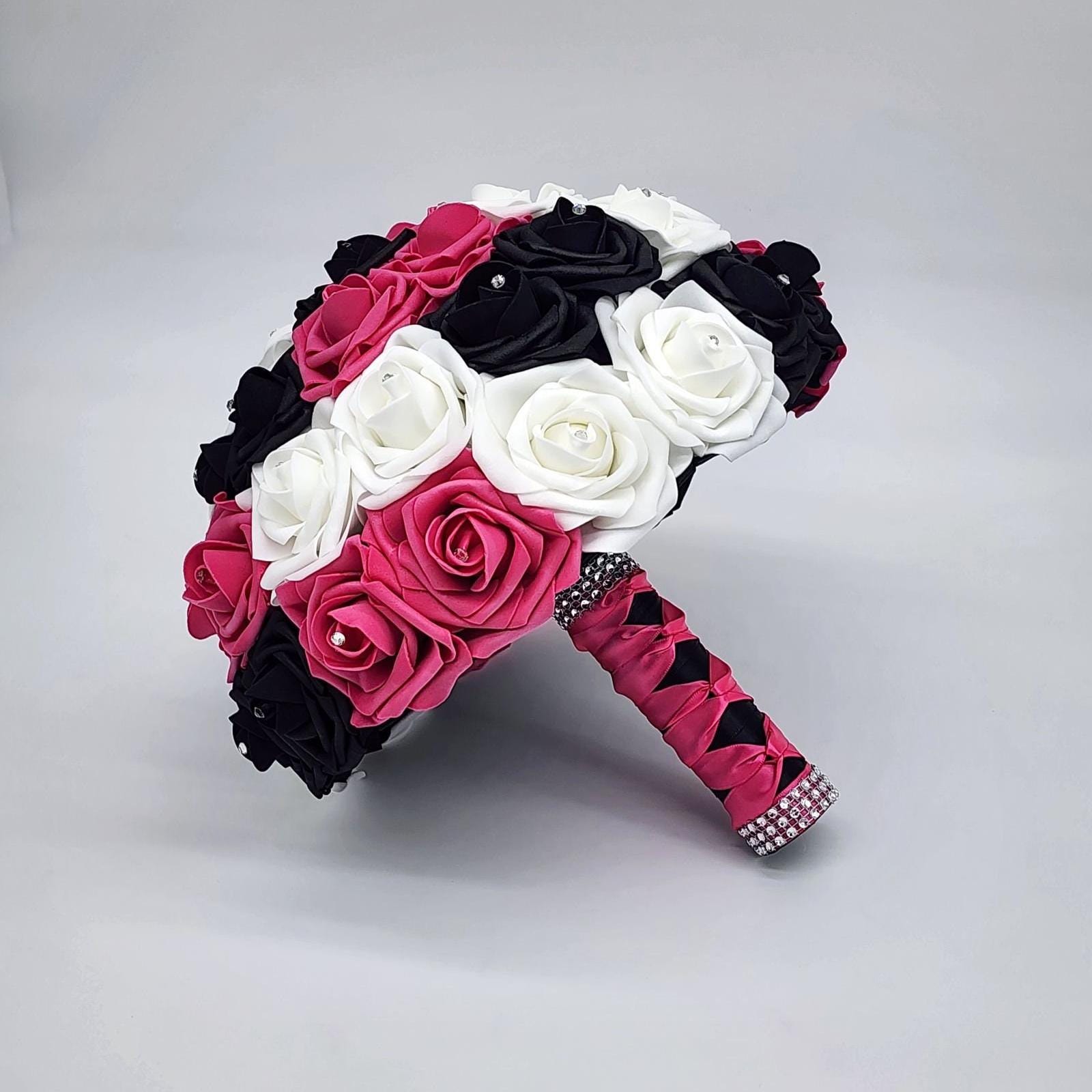Hot Pink, Black, and White Wedding Bouquet-Modern Glam Bridal-Quinceañera & Prom-Custom Colors-Matching Boutonnieres/Corsages