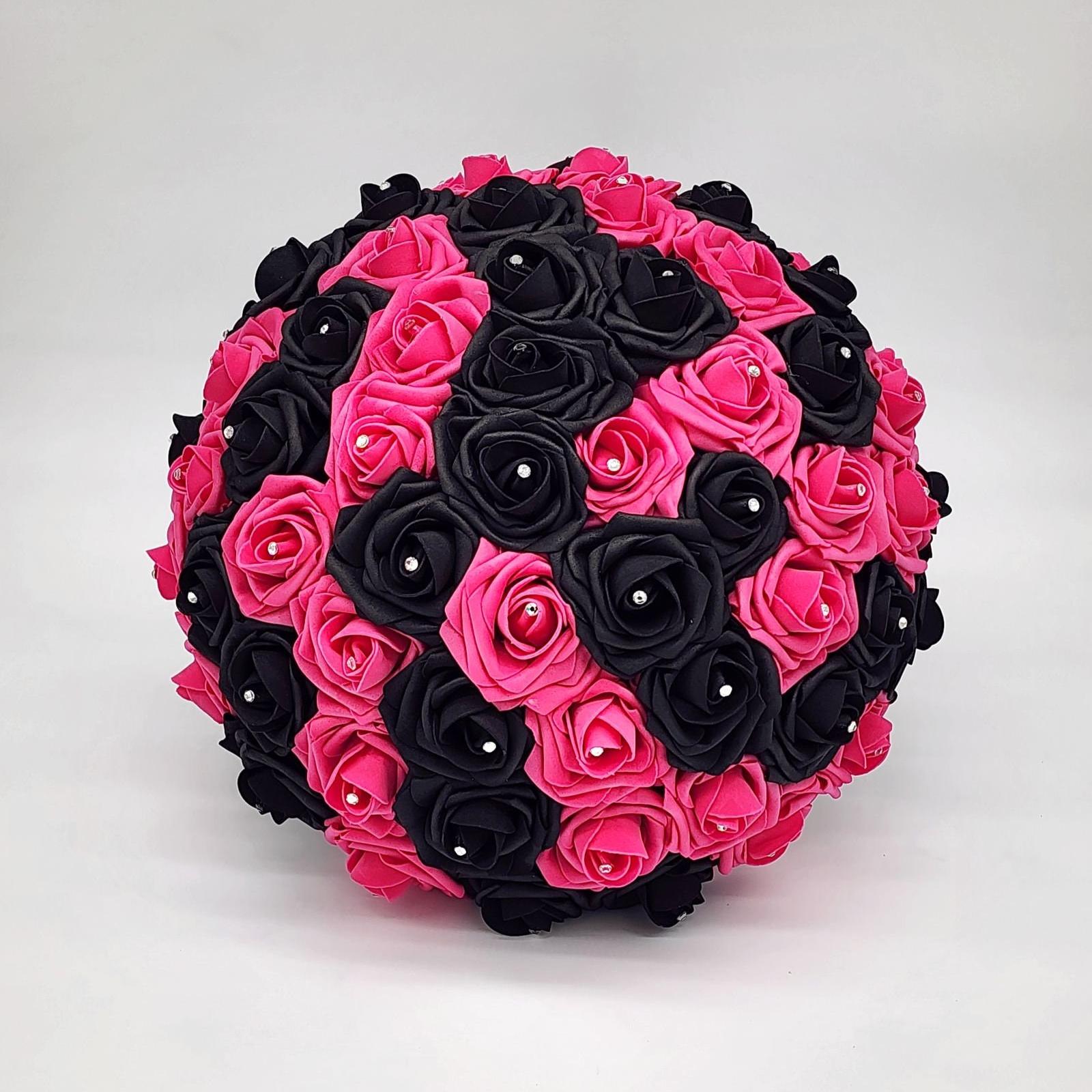 Hot pink and black bouquet front view