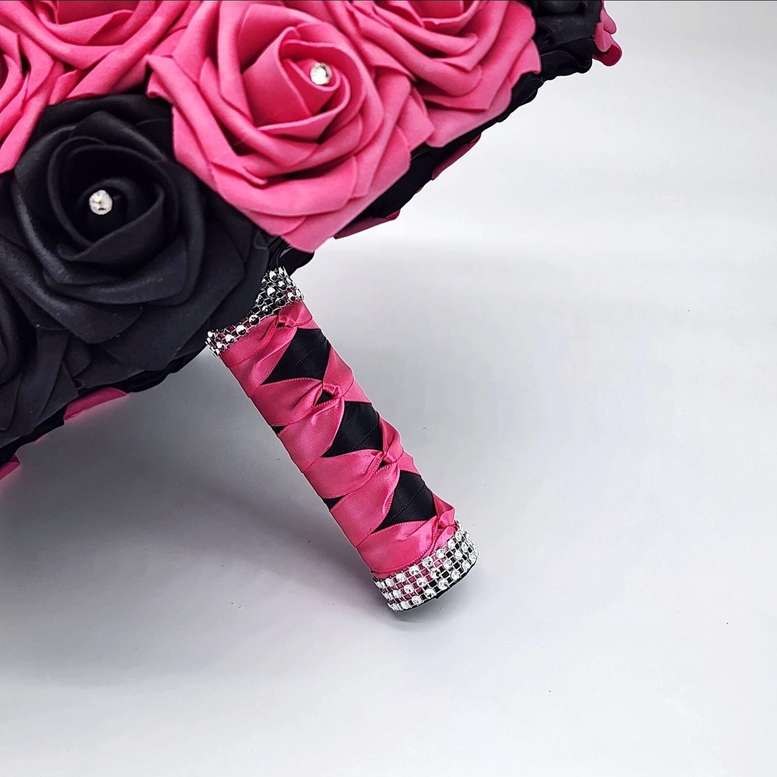 Hot Pink and Black Wedding Bouquet – Real Touch Roses, Modern Glam Bridal, Quinceañera & Prom-Custom Colors-Matching Boutonniere and Corsage