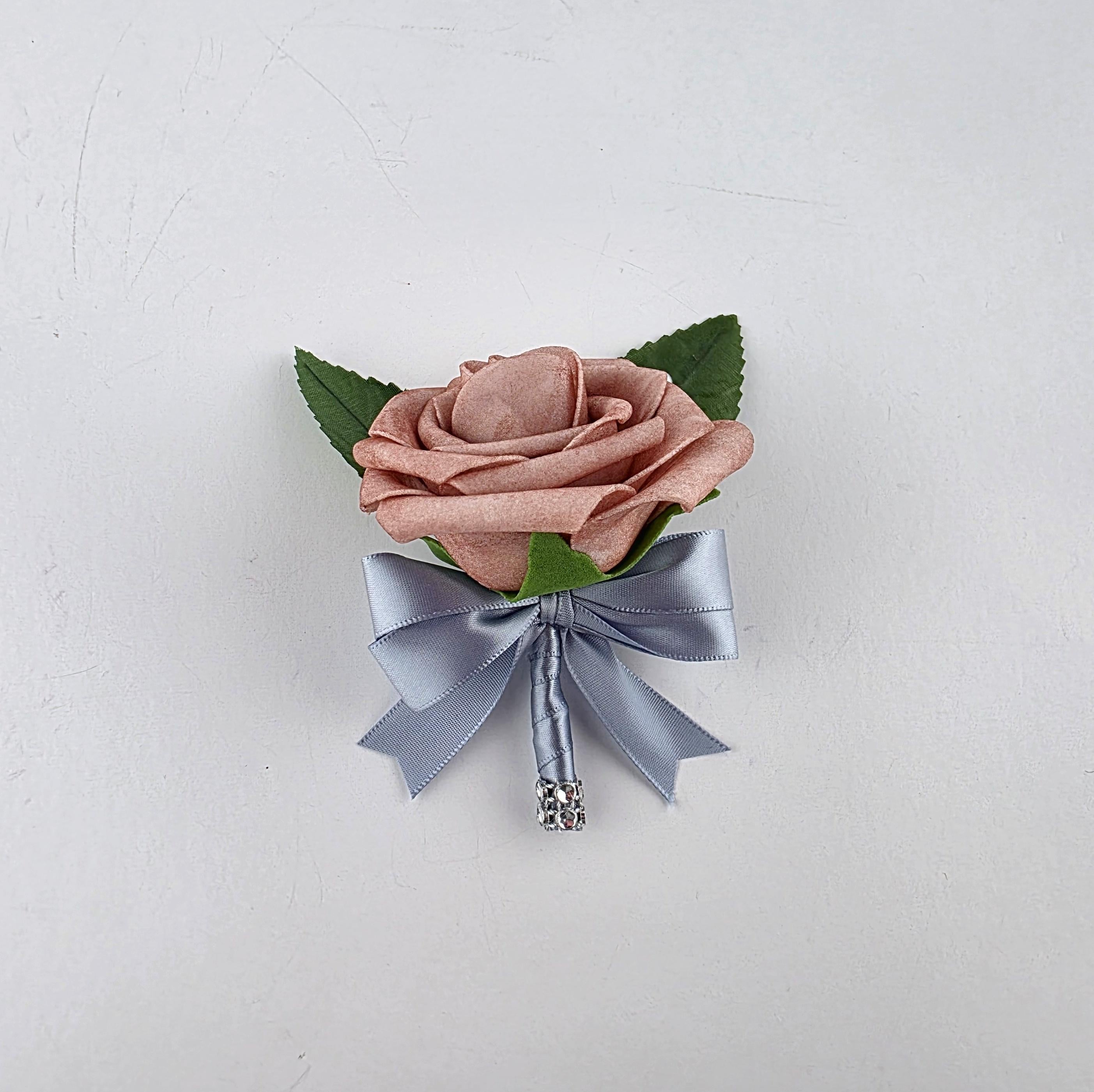 Dusty Rose and White Boutonnieres And Corsages with Dusty Blue- Corsages Are Available In Pin On And Wrist-Matching Bouquets Available
