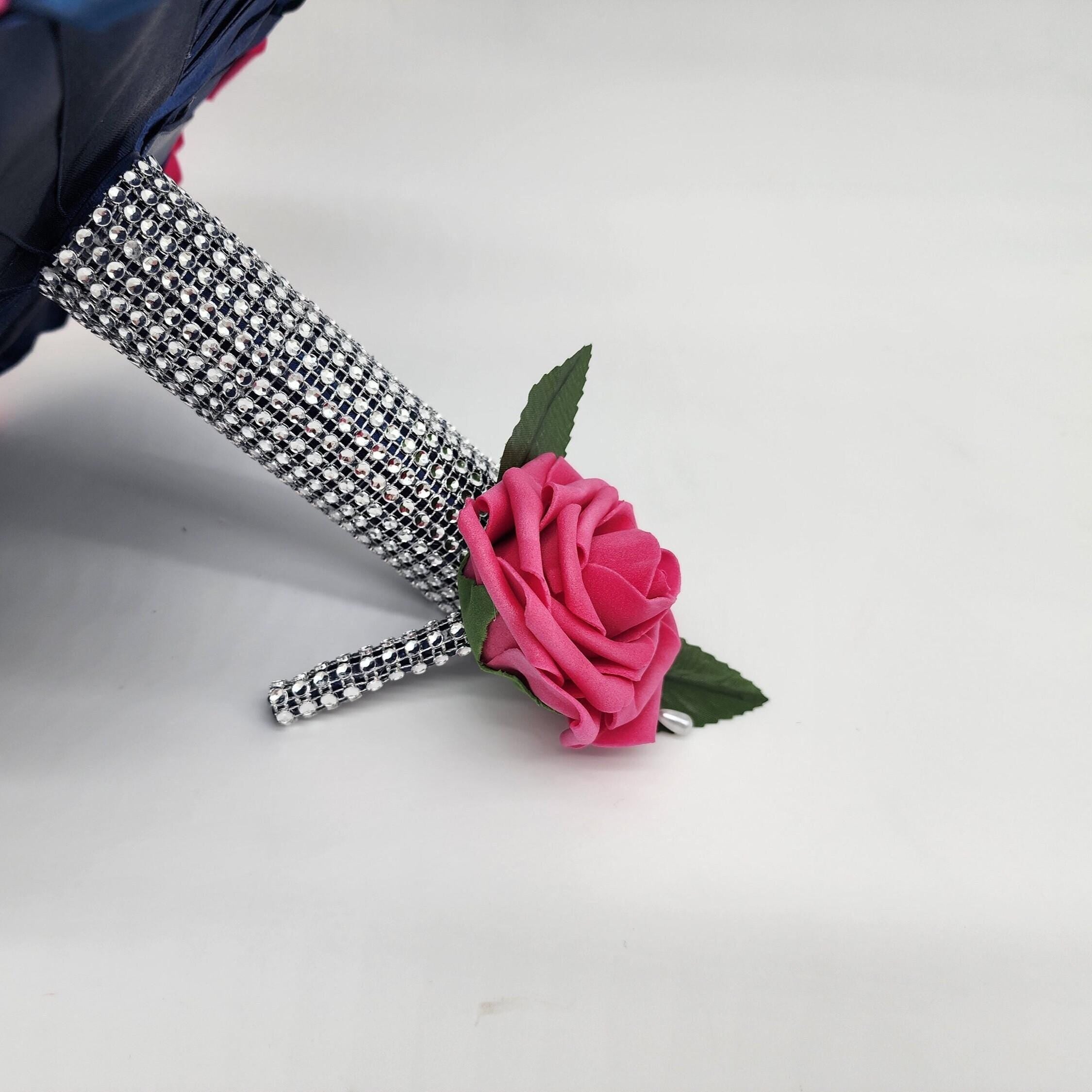 Hot Pink Rose Boutonniere with Rhinestone Handle – Real Touch Flower for Prom, Wedding, or Quinceañera