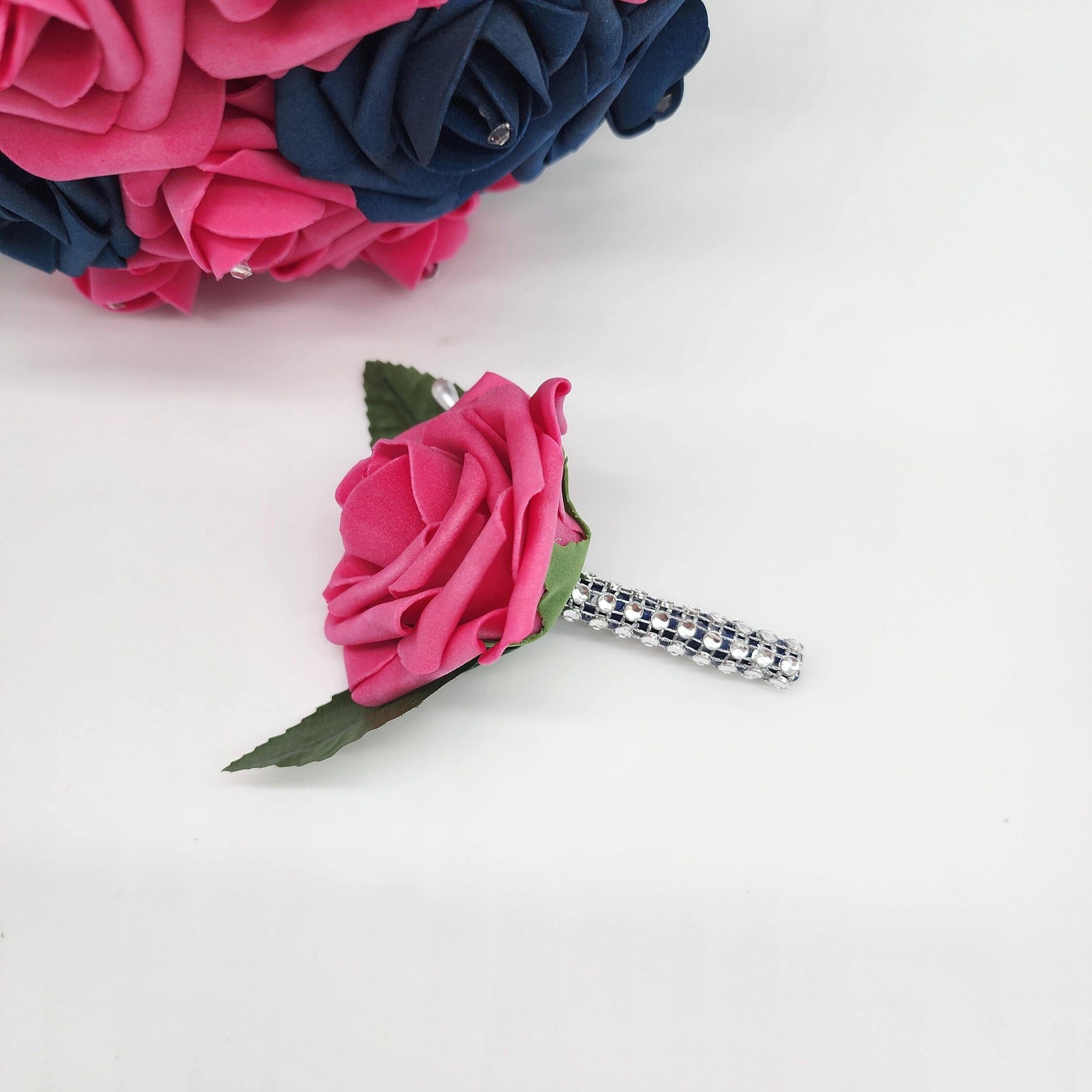 Hot Pink Rose Boutonniere with Rhinestone Handle – Real Touch Flower for Prom, Wedding, or Quinceañera