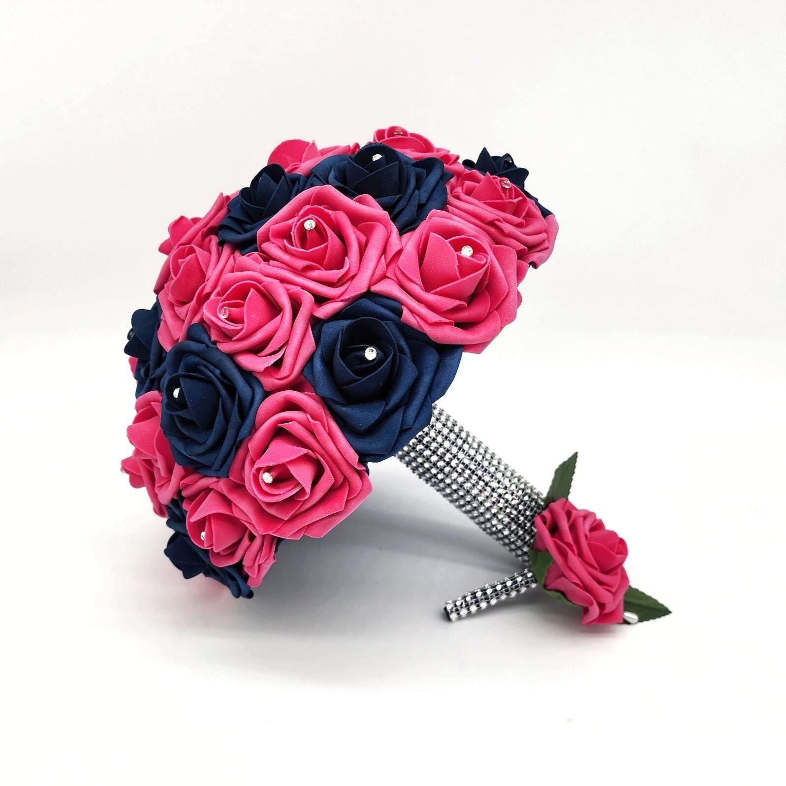 Hot Pink and Navy Blue Wedding Bouquet-Real Touch Roses-Modern Glam Bridal-Rhinestone Handle-Prom & Quinceañera