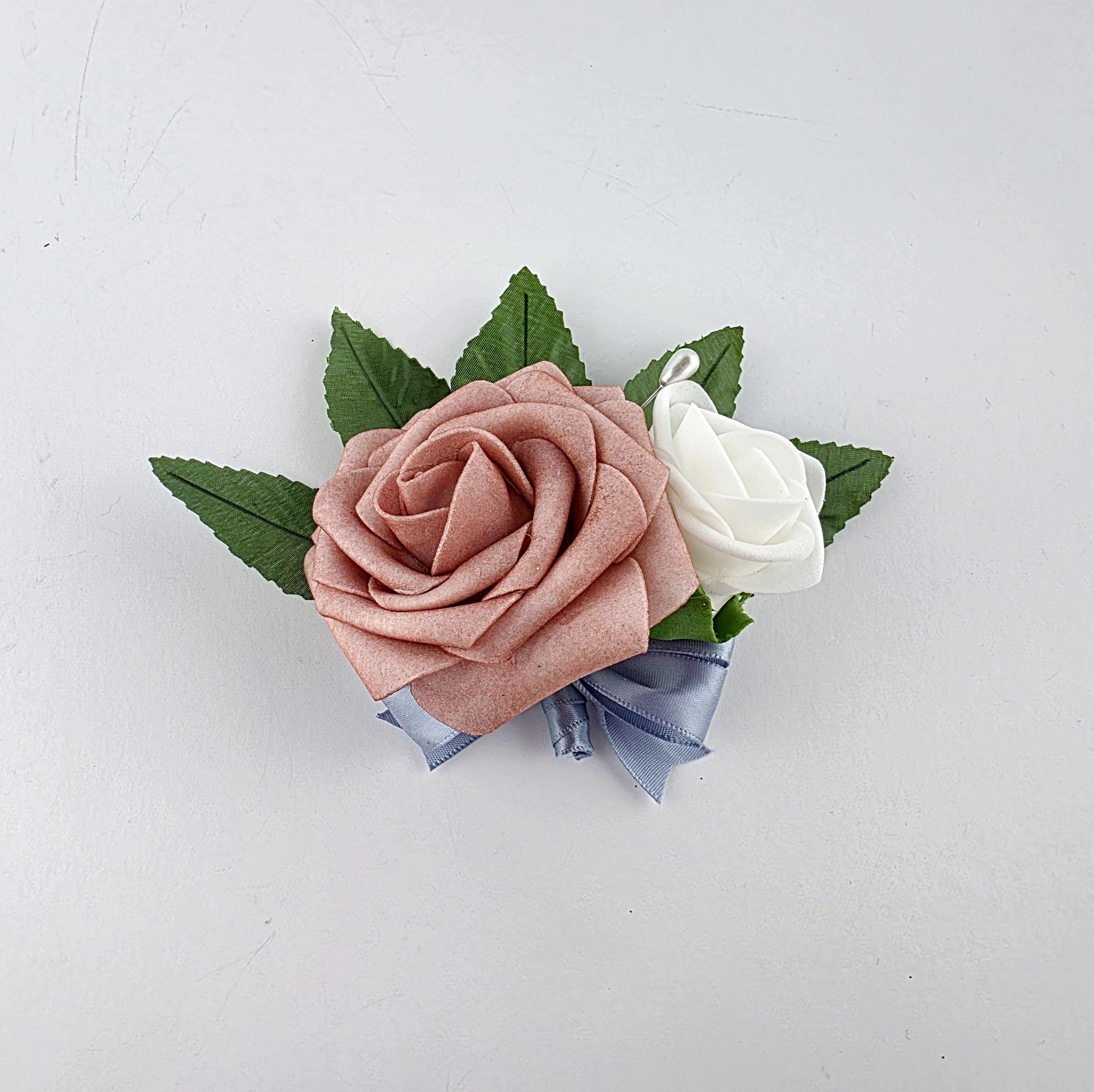Dusty Rose Boutonniere – Real Touch Rose with Dusty Blue Ribbon