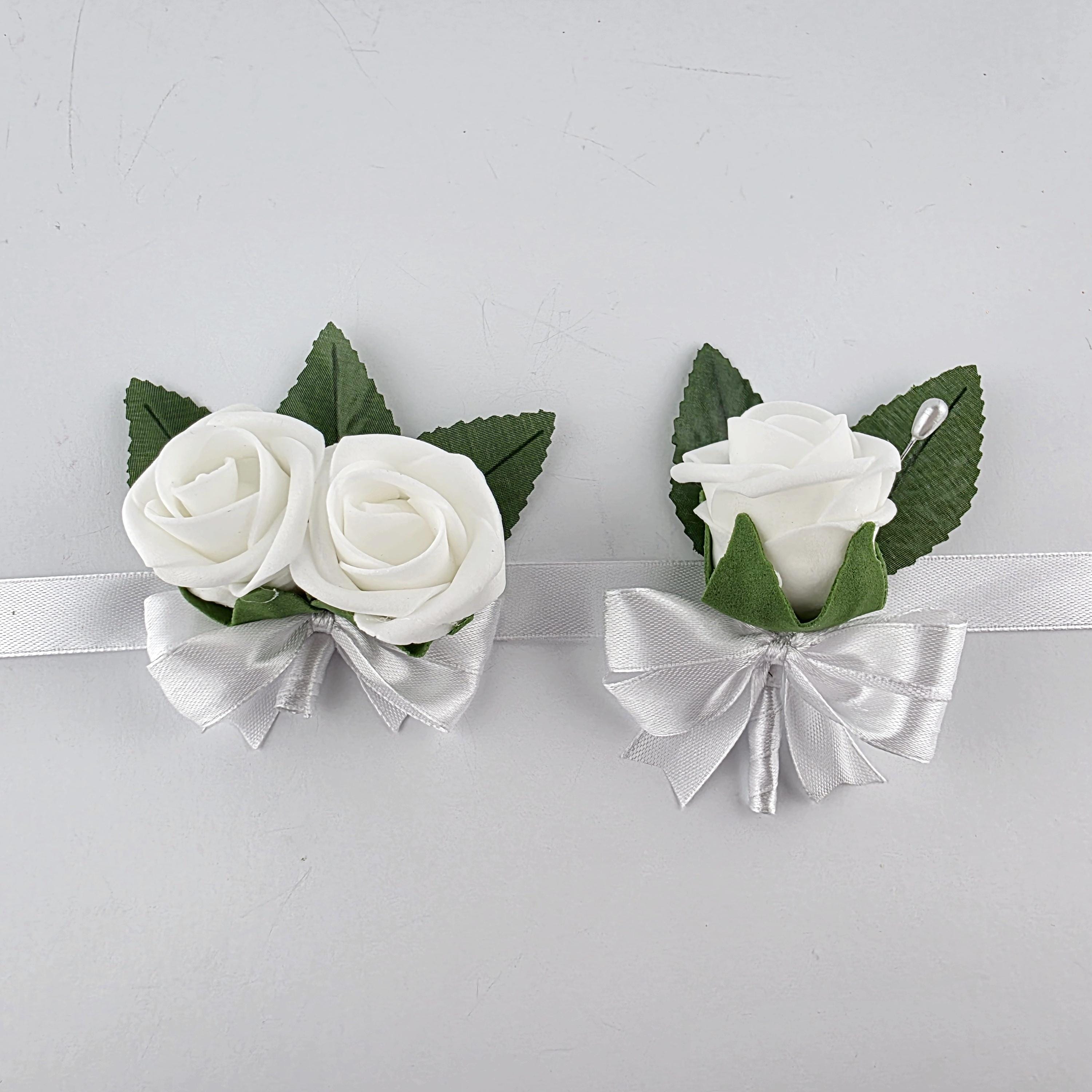 White Real Touch Roses Kids Boutonniere and Corsage Set – Child-Sized Wedding Accessories