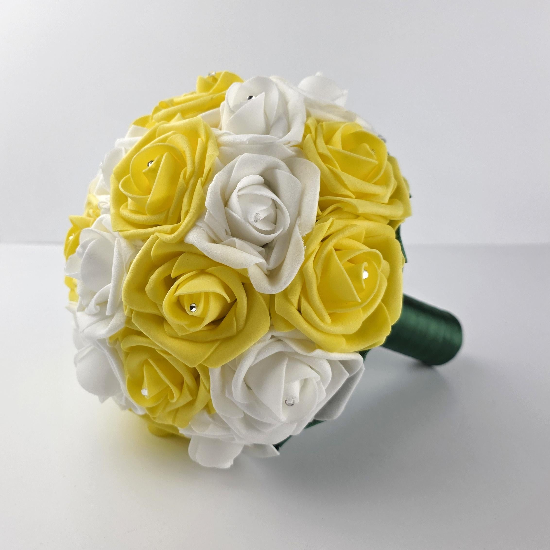 Real Touch Yellow & White Rose Wedding Bouquet: Rhinestone Detail