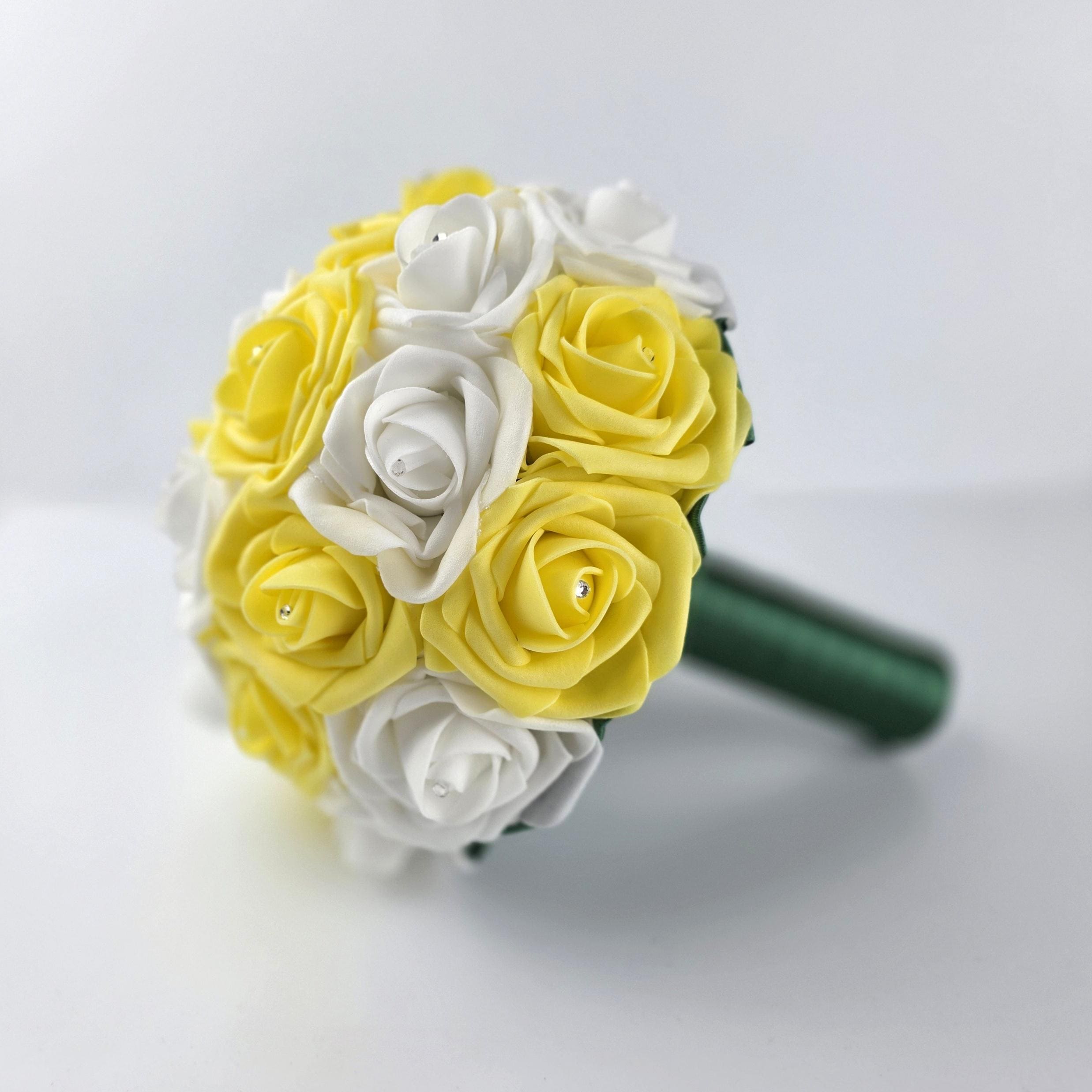 Real Touch Yellow & White Rose Wedding Bouquet: Rhinestone Detail