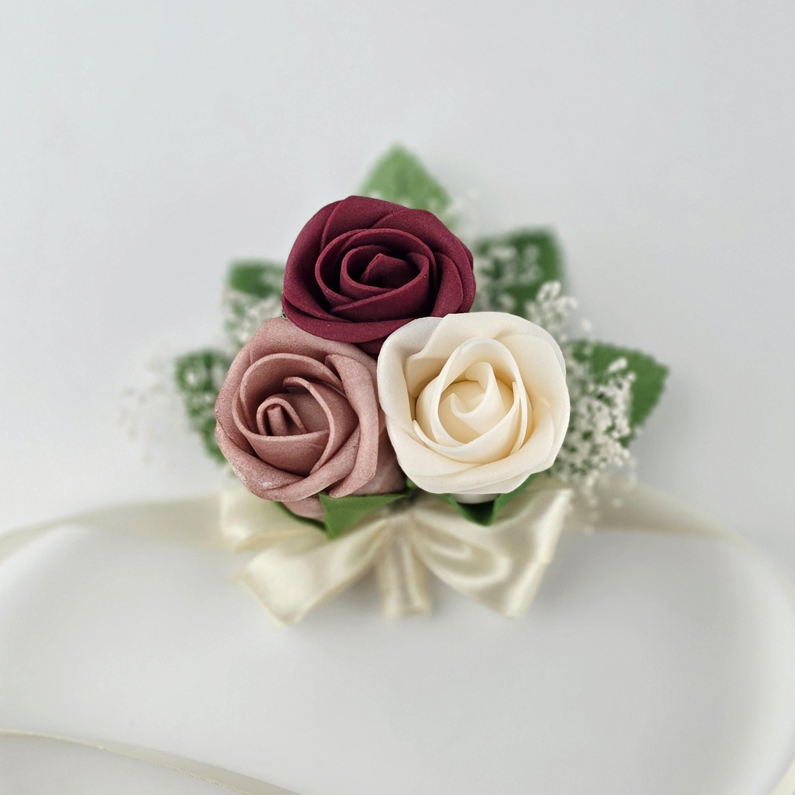 Burgundy and dusty rose Boutonnieres And Corsages, Available In 27 Colors,Corsages Available In Pin On And Wrist Matching Bouquets Available