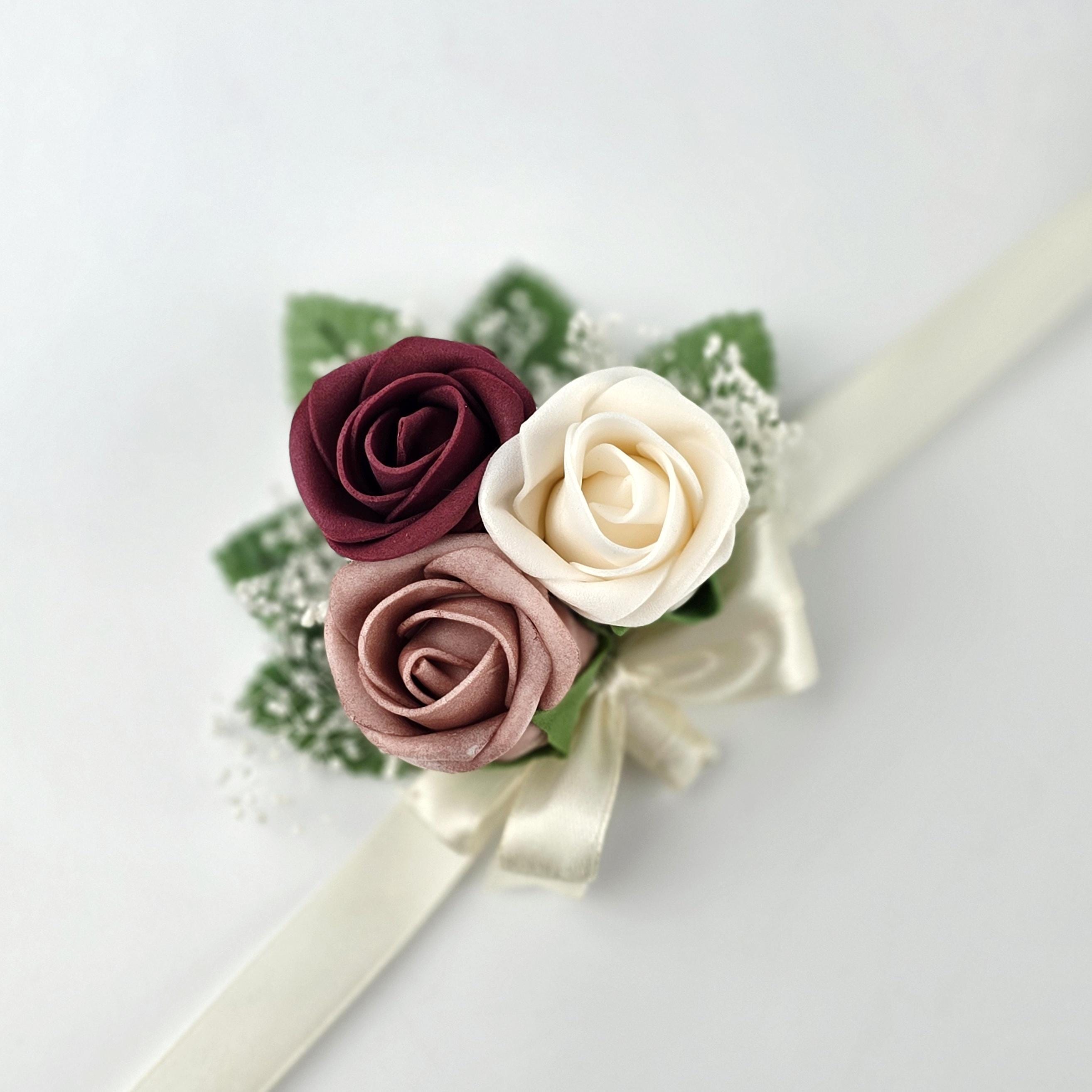 Burgundy and dusty rose Boutonnieres And Corsages, Available In 27 Colors,Corsages Available In Pin On And Wrist Matching Bouquets Available