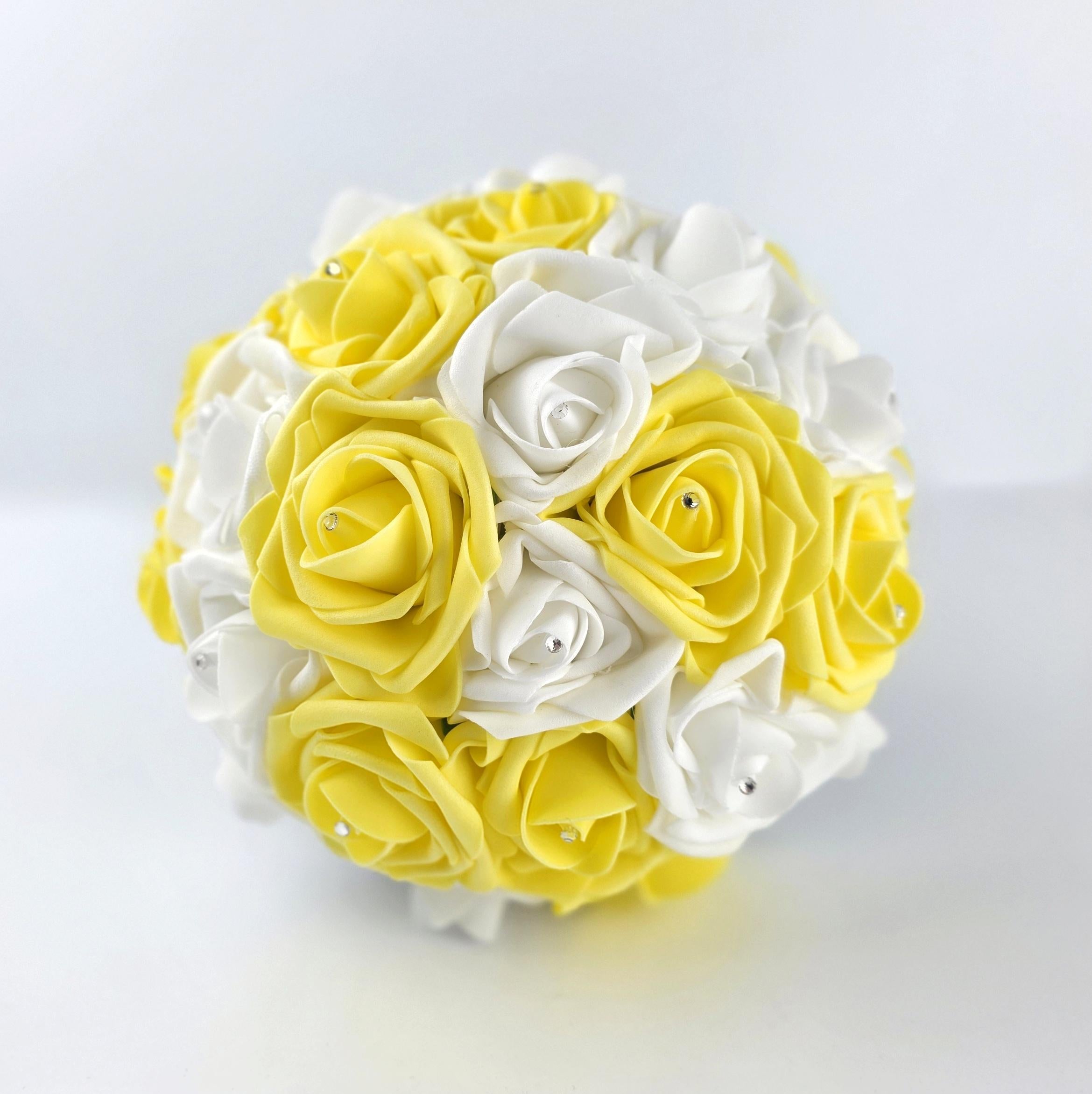 Real Touch Yellow & White Rose Wedding Bouquet: Rhinestone Detail