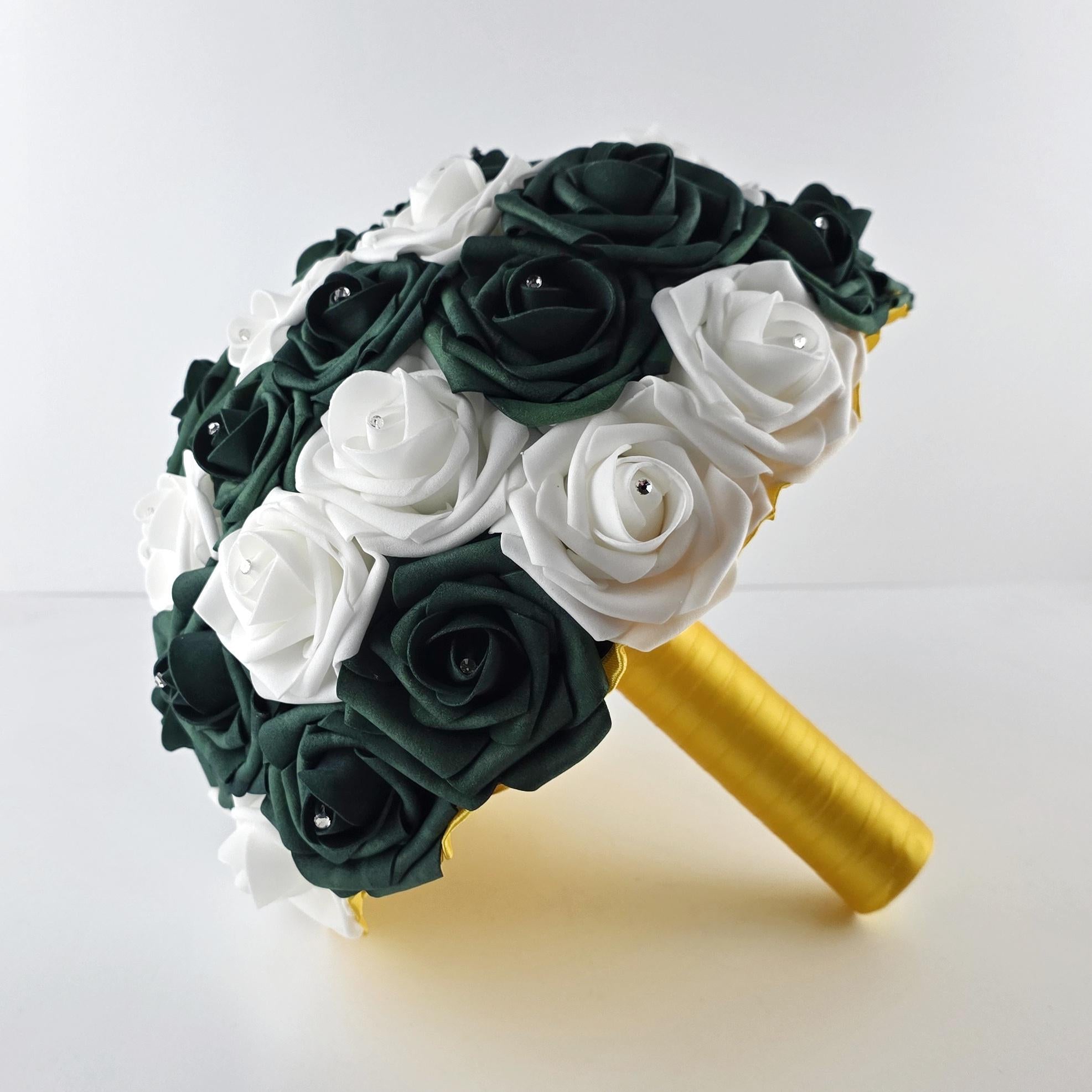 Hunter Green & White Real Touch Rose Wedding Bouquet - Rhinestone Detail