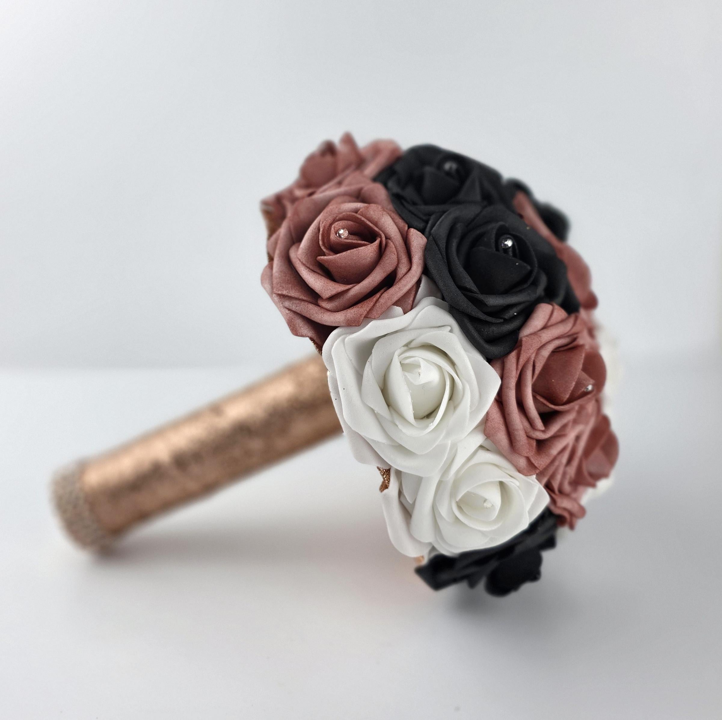 Dusty Rose, Black, And White Wedding Bouquet- Modern Romantic Bridal- Rose Gold Ribbon-Custom Colors-Matching Boutonnieres & Corsages