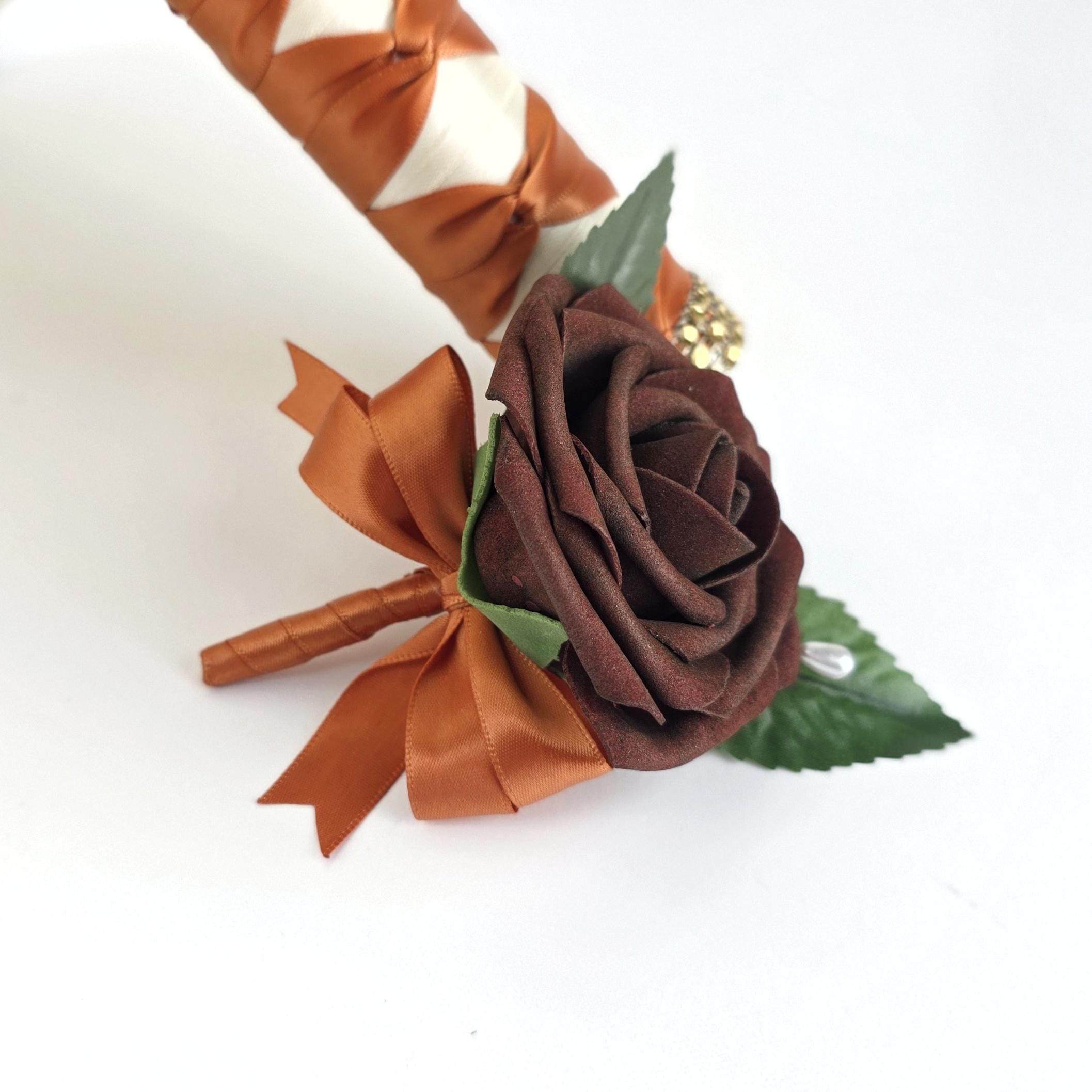 Burnt Orange Rose Wedding Bouquet: Chocolate Brown Bridal Flowers