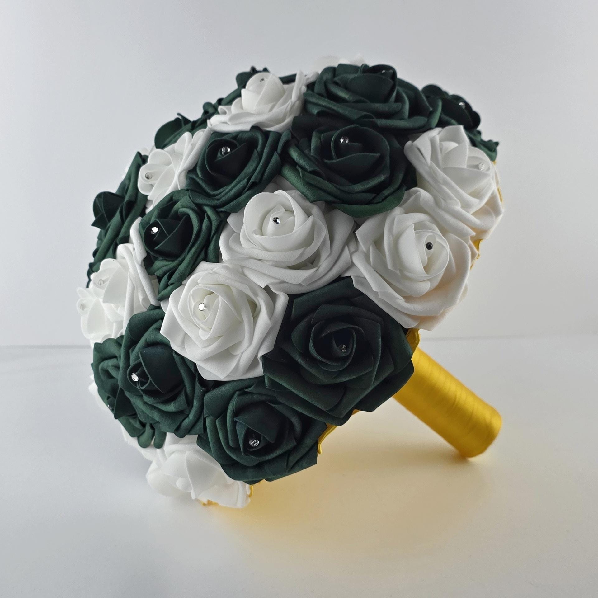 Hunter Green & White Real Touch Rose Wedding Bouquet - Rhinestone Detail