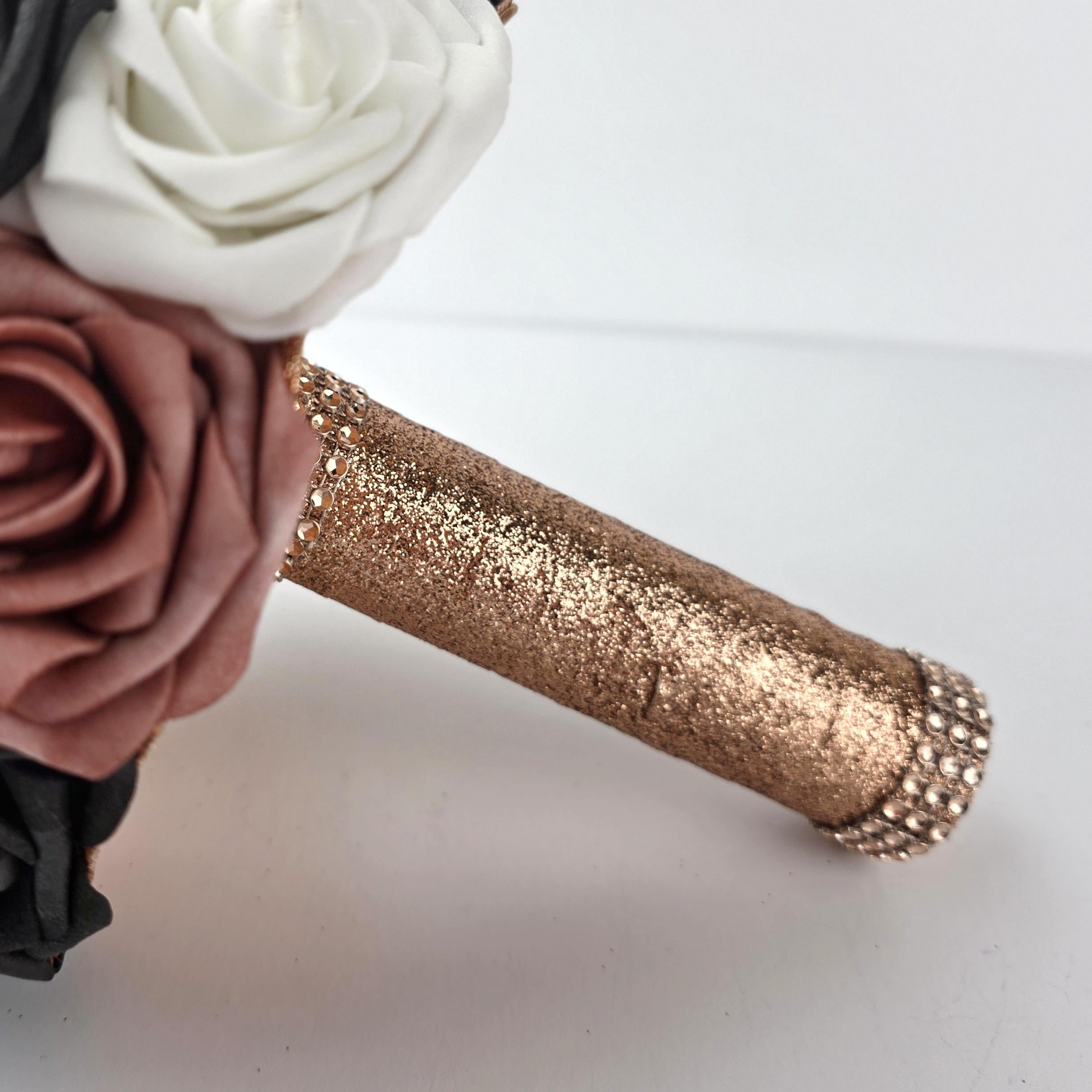 Dusty Rose, Black, And White Wedding Bouquet- Modern Romantic Bridal- Rose Gold Ribbon-Custom Colors-Matching Boutonnieres & Corsages