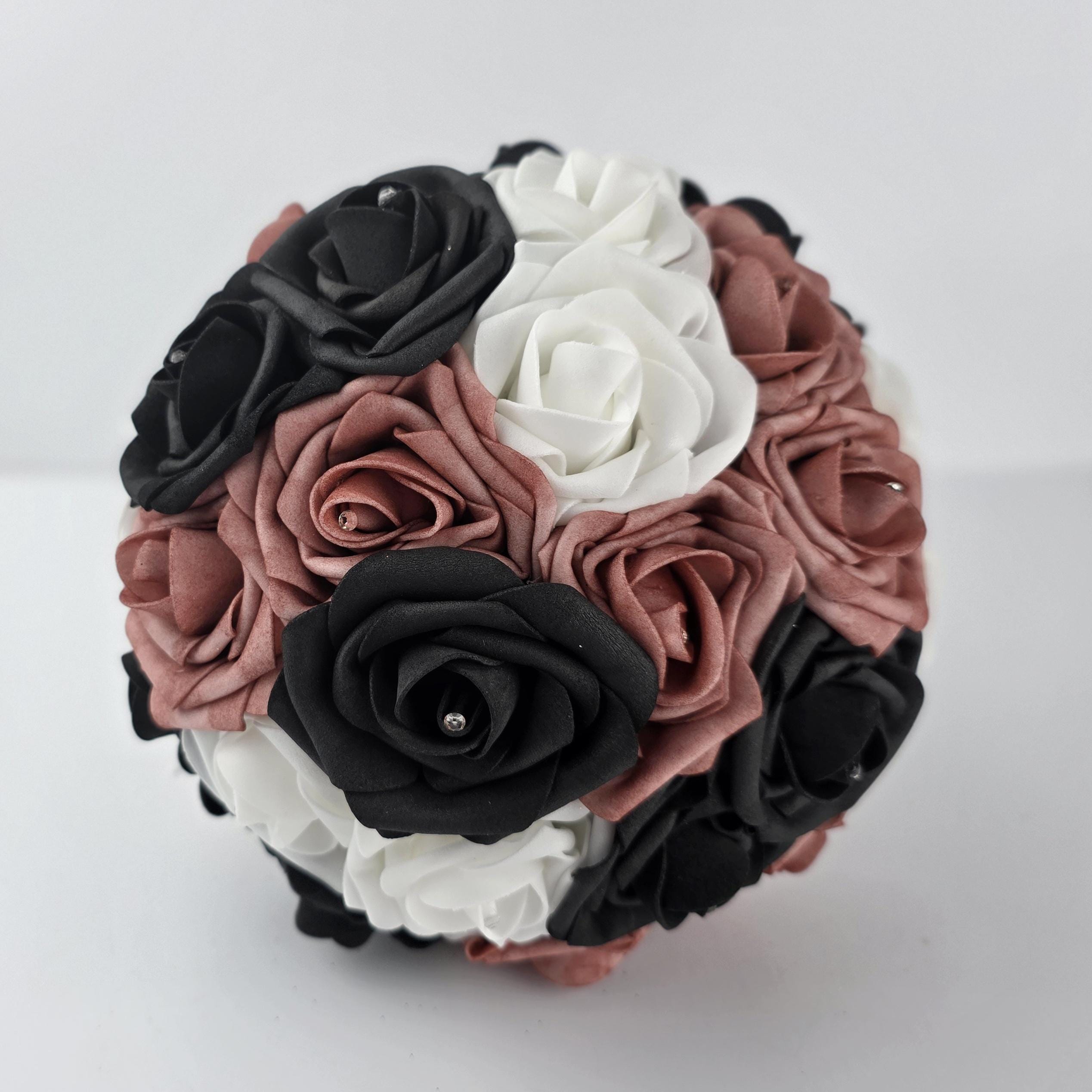 Dusty Rose, Black, And White Wedding Bouquet- Modern Romantic Bridal- Rose Gold Ribbon-Custom Colors-Matching Boutonnieres & Corsages
