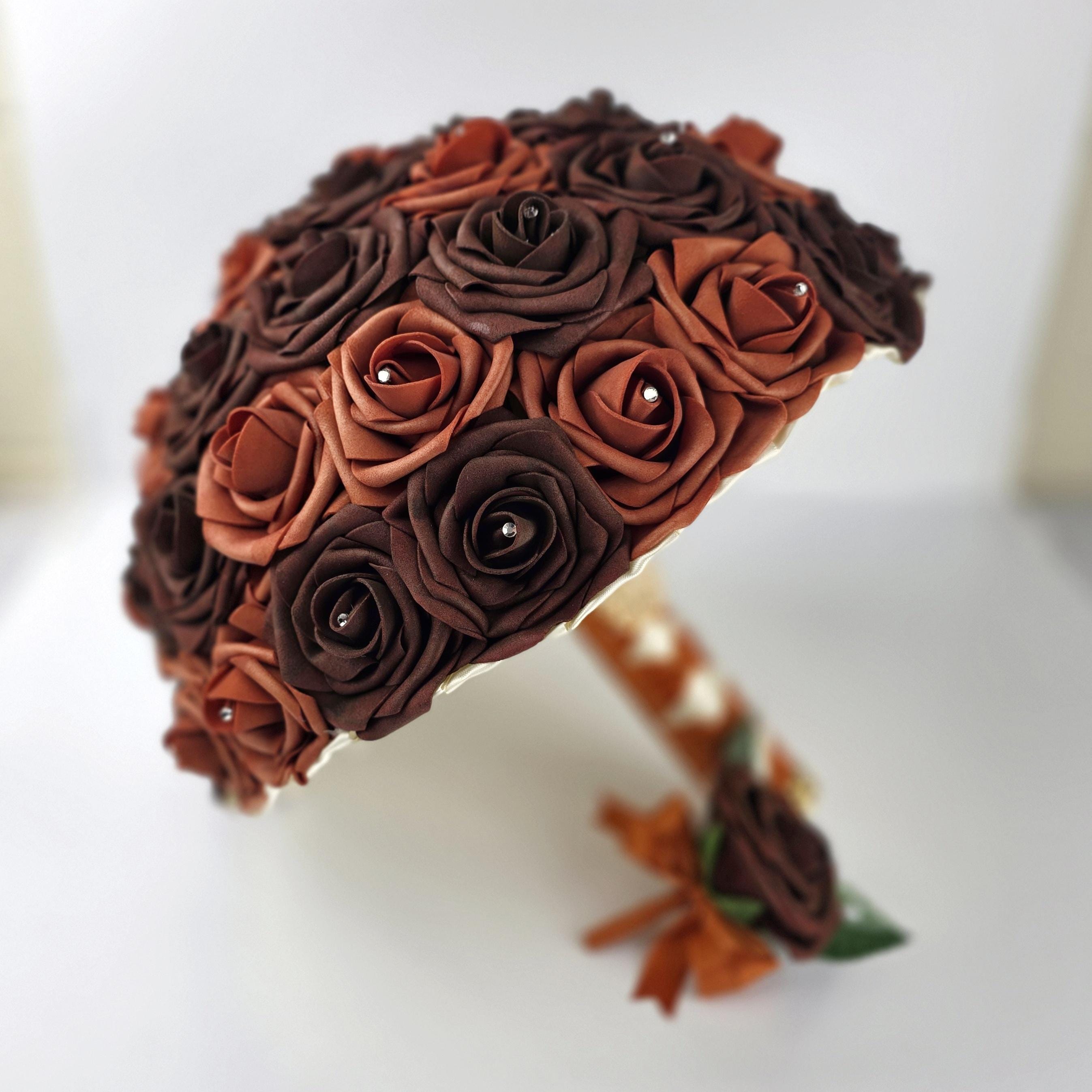 Burnt Orange Rose Wedding Bouquet: Chocolate Brown Bridal Flowers