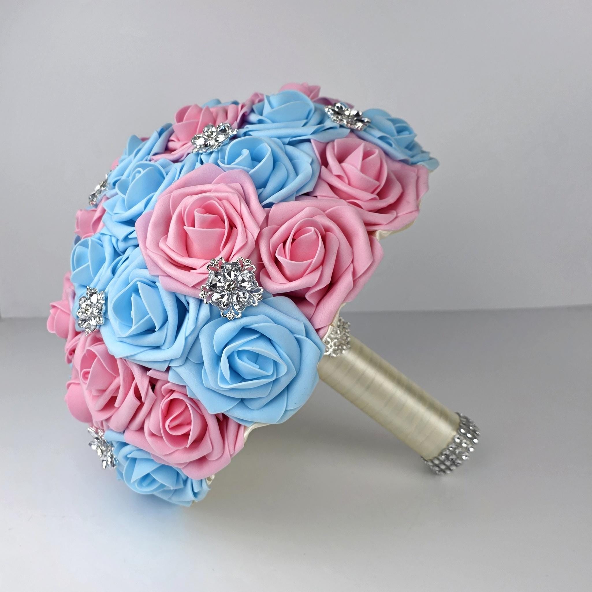 Pink and Blue Brooch Wedding Bouquet, Real Touch Roses, Quinceaneras, Pastel Spring Wedding Flowers, Keepsake