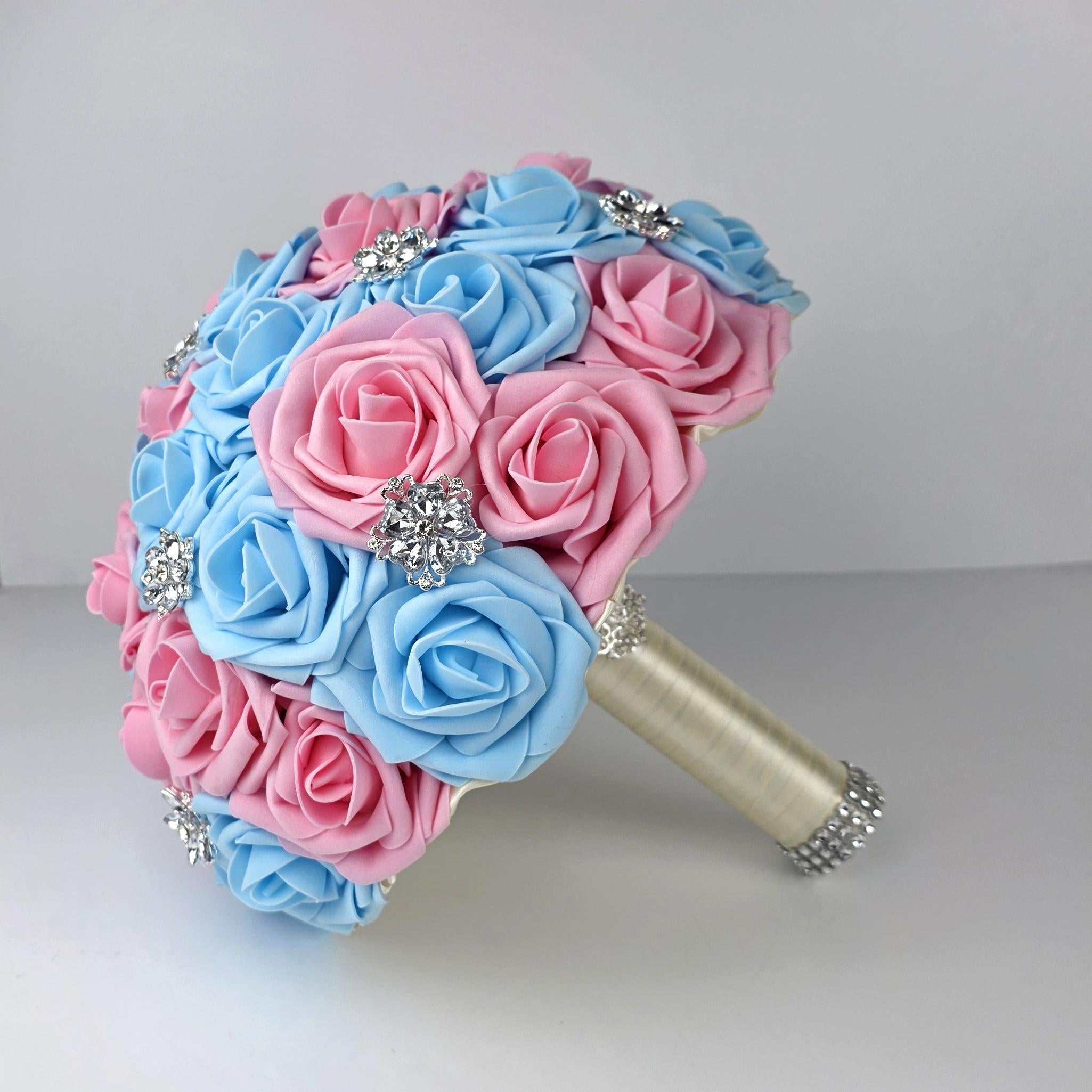 Pink and Blue Brooch Wedding Bouquet, Real Touch Roses, Quinceaneras, Pastel Spring Wedding Flowers, Keepsake