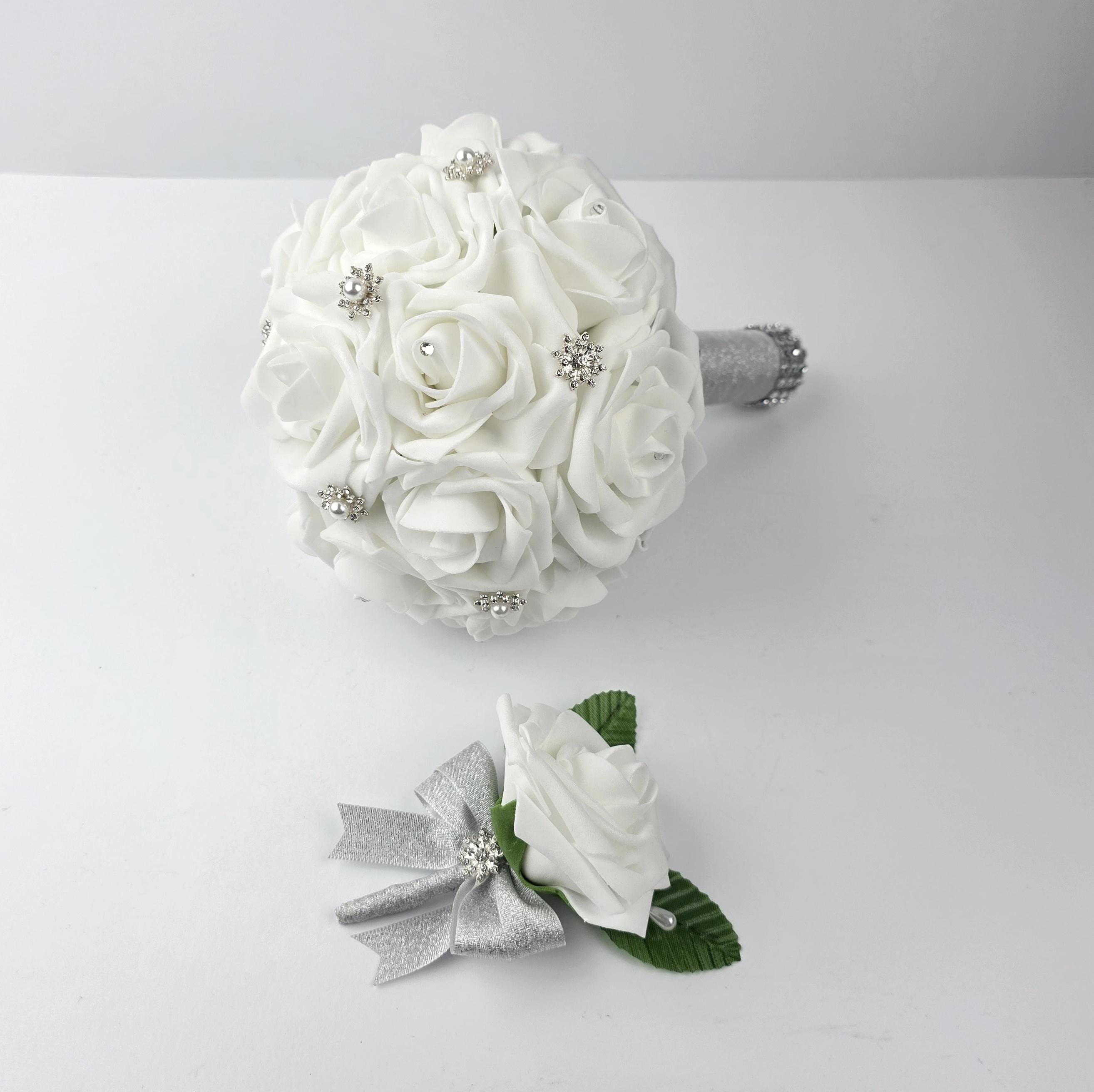 White Snowflake Bridal Bouquet- Matching Boutonnieres and Corsages Winter Wedding, Silver Brooch Christmas Flowers