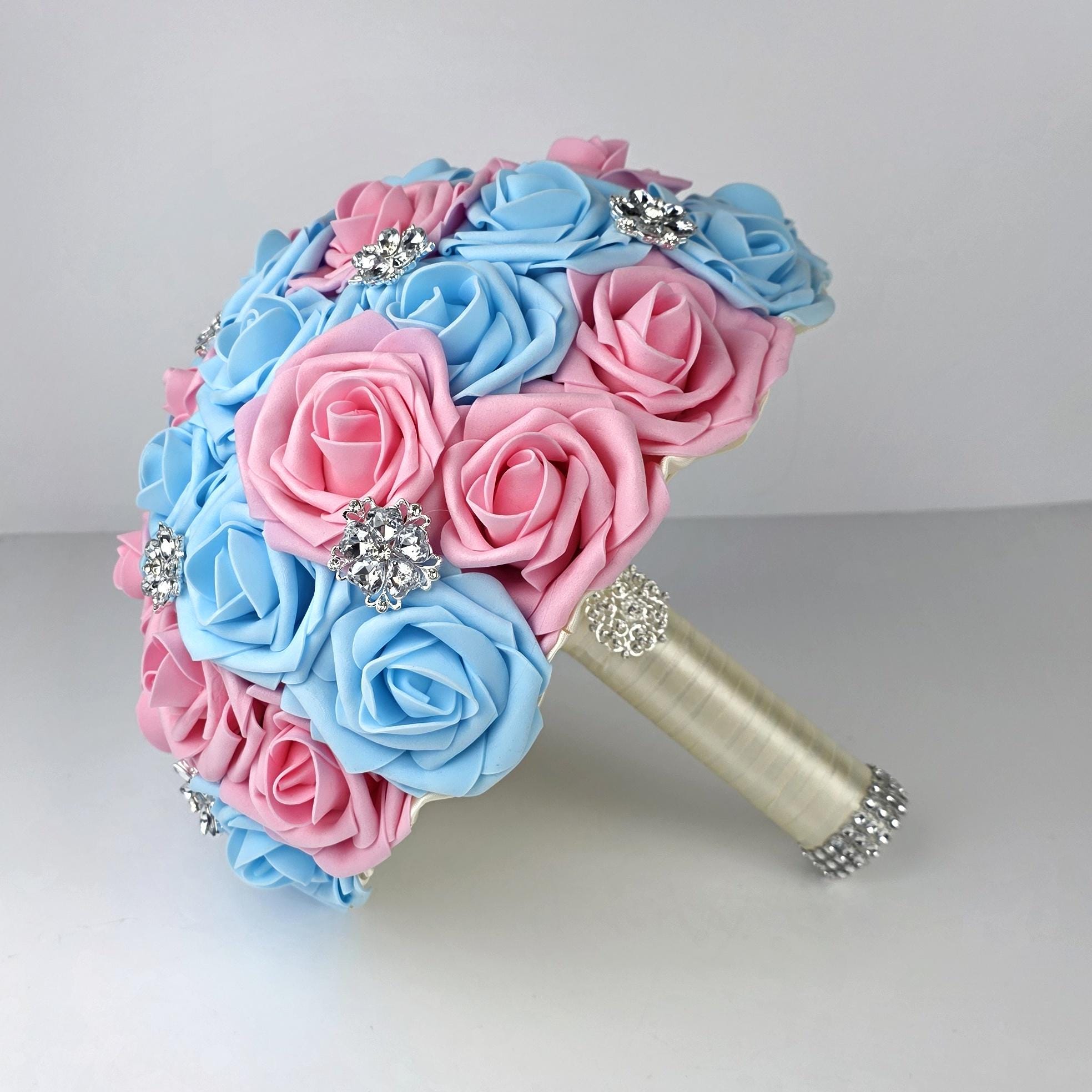 Pink and Blue Brooch Wedding Bouquet, Real Touch Roses, Quinceaneras, Pastel Spring Wedding Flowers, Keepsake