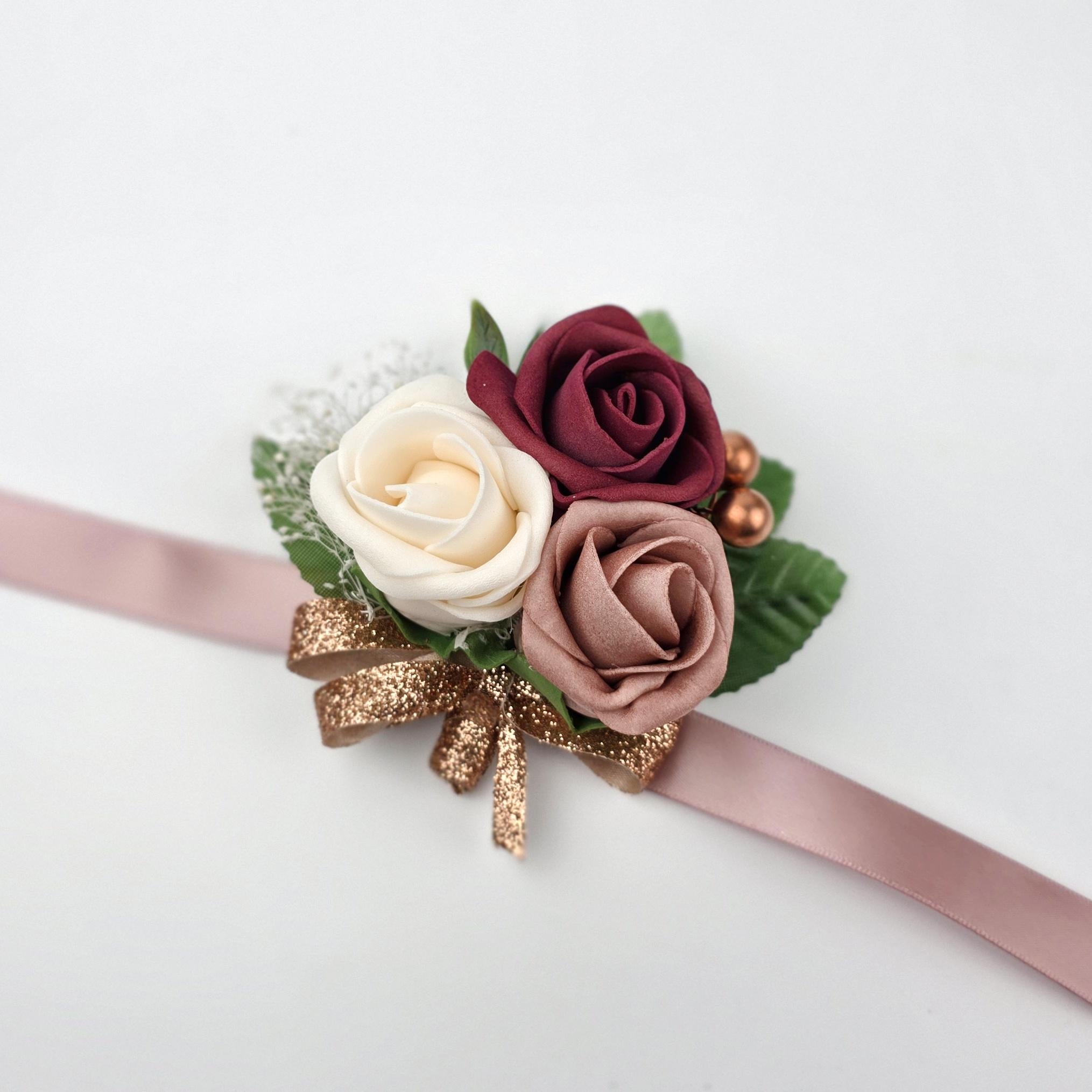 Pocket Boutonniere – Dusty Rose, Cream, and Burgundy Roses, Modern Wedding Flowers, Keepsake Groom Boutonniere and Matching Corsage Options