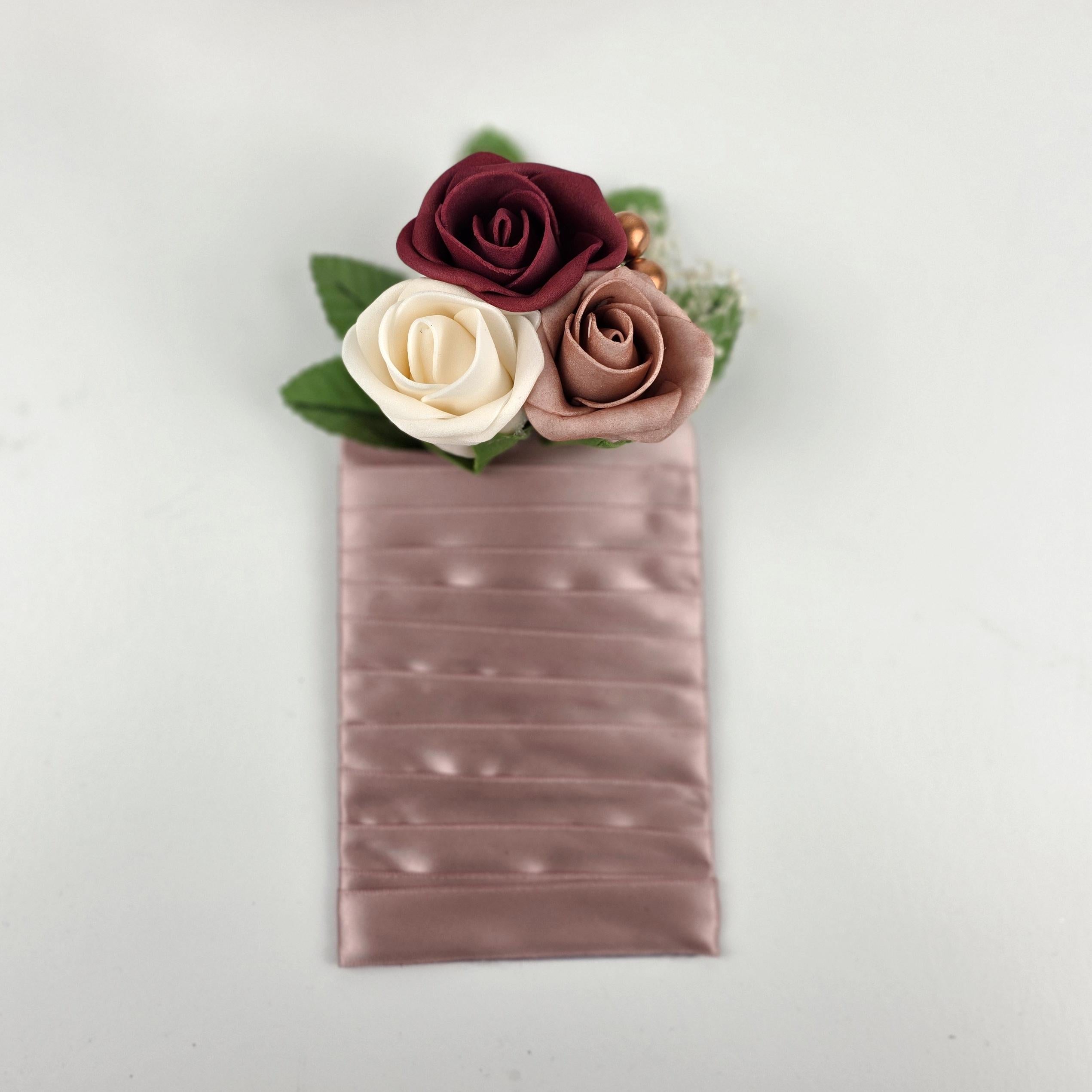 Pocket Boutonniere – Dusty Rose, Cream, and Burgundy Roses, Modern Wedding Flowers, Keepsake Groom Boutonniere and Matching Corsage Options