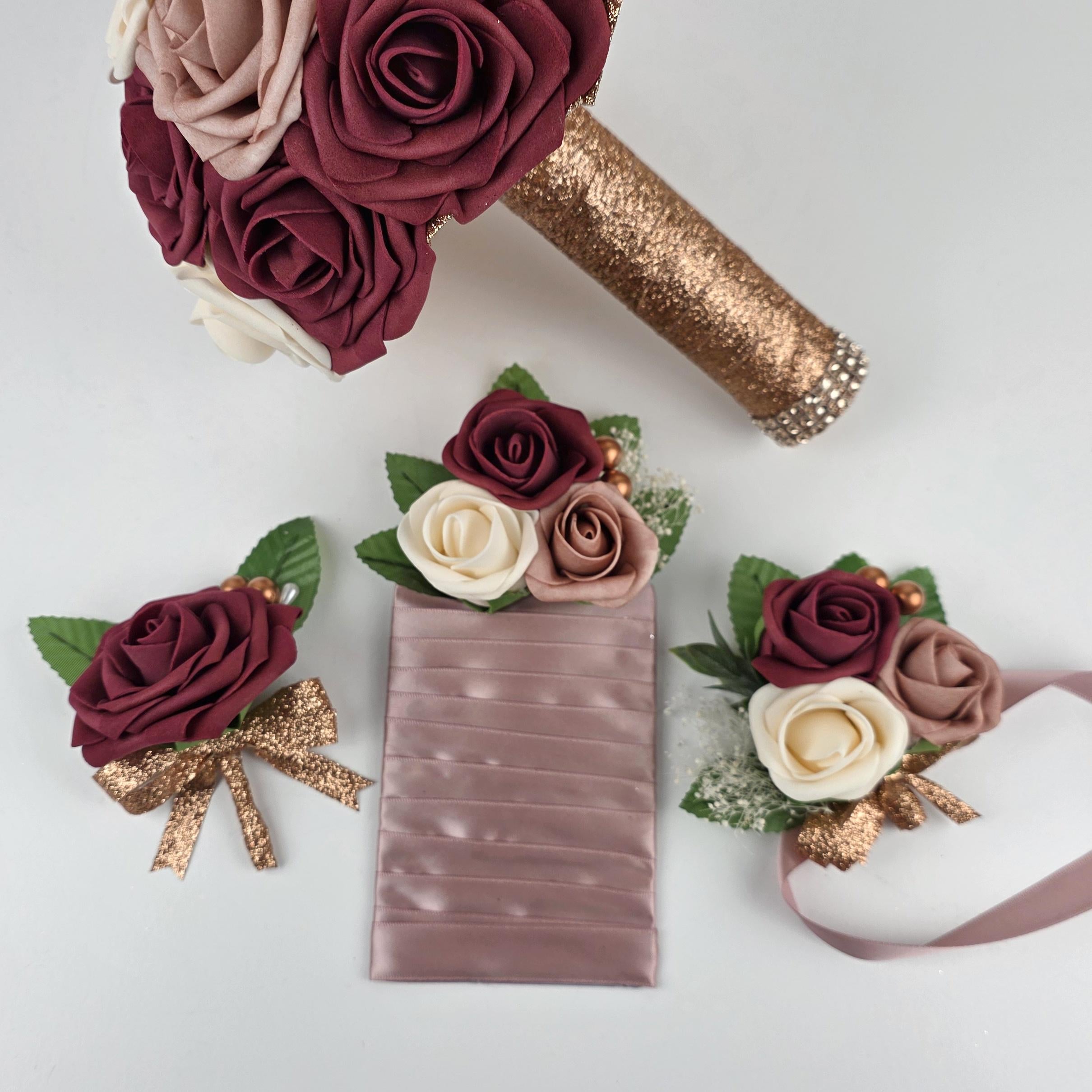 Pocket Boutonniere – Dusty Rose, Cream, and Burgundy Roses, Modern Wedding Flowers, Keepsake Groom Boutonniere and Matching Corsage Options