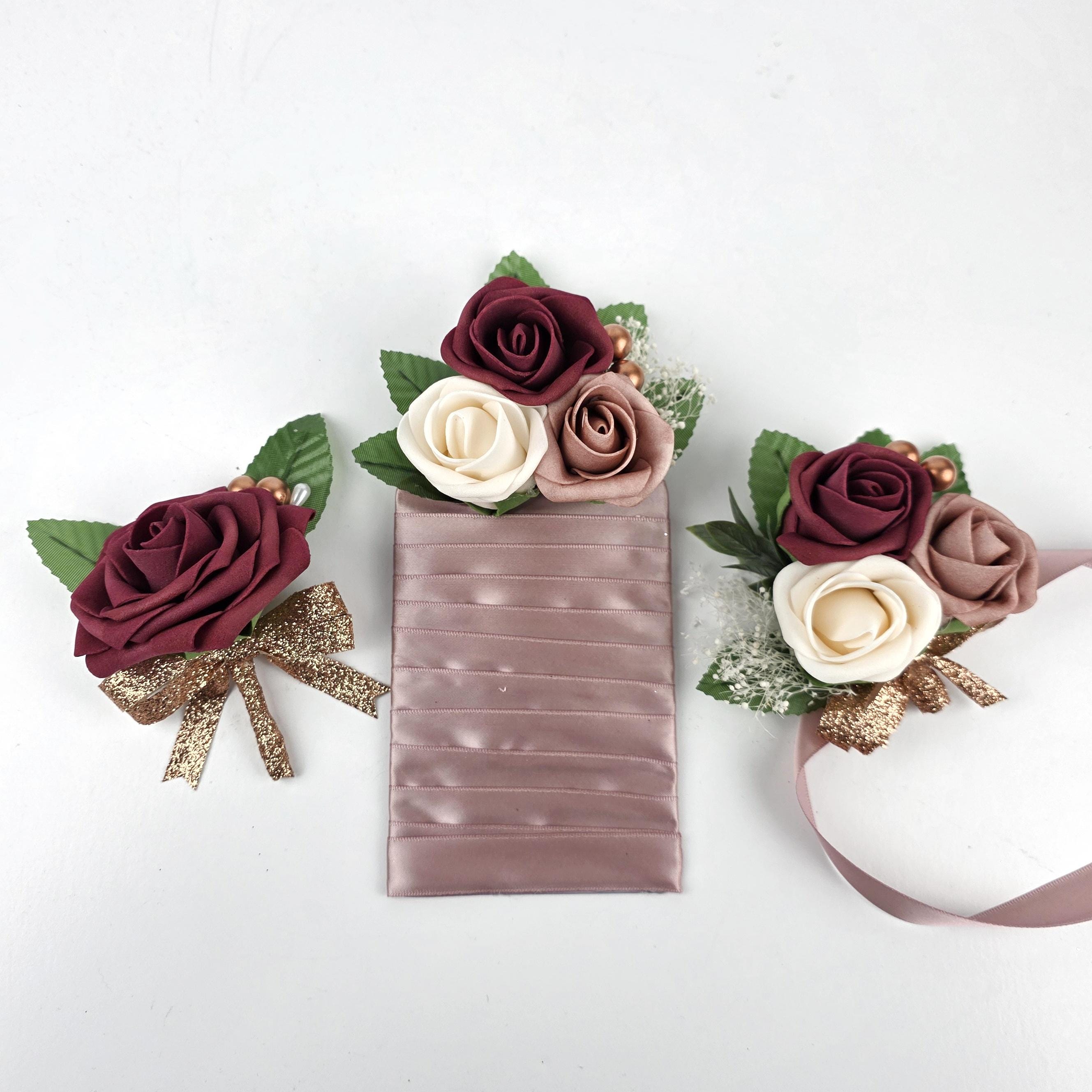Pocket Boutonniere – Dusty Rose, Cream, and Burgundy Roses, Modern Wedding Flowers, Keepsake Groom Boutonniere and Matching Corsage Options