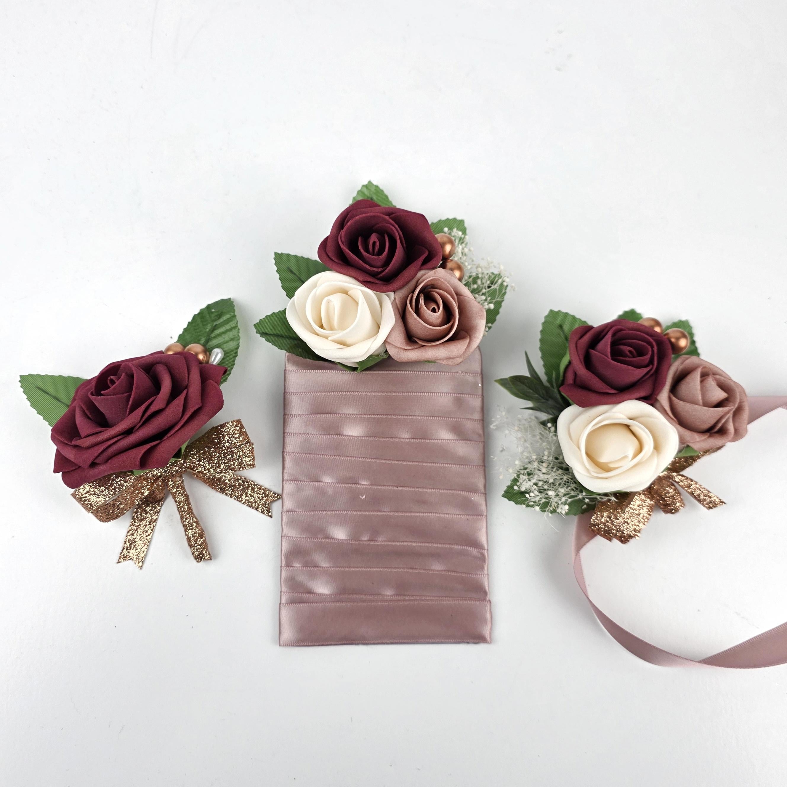Pocket Boutonniere – Dusty Rose, Cream, and Burgundy Roses, Modern Wedding Flowers, Keepsake Groom Boutonniere and Matching Corsage Options