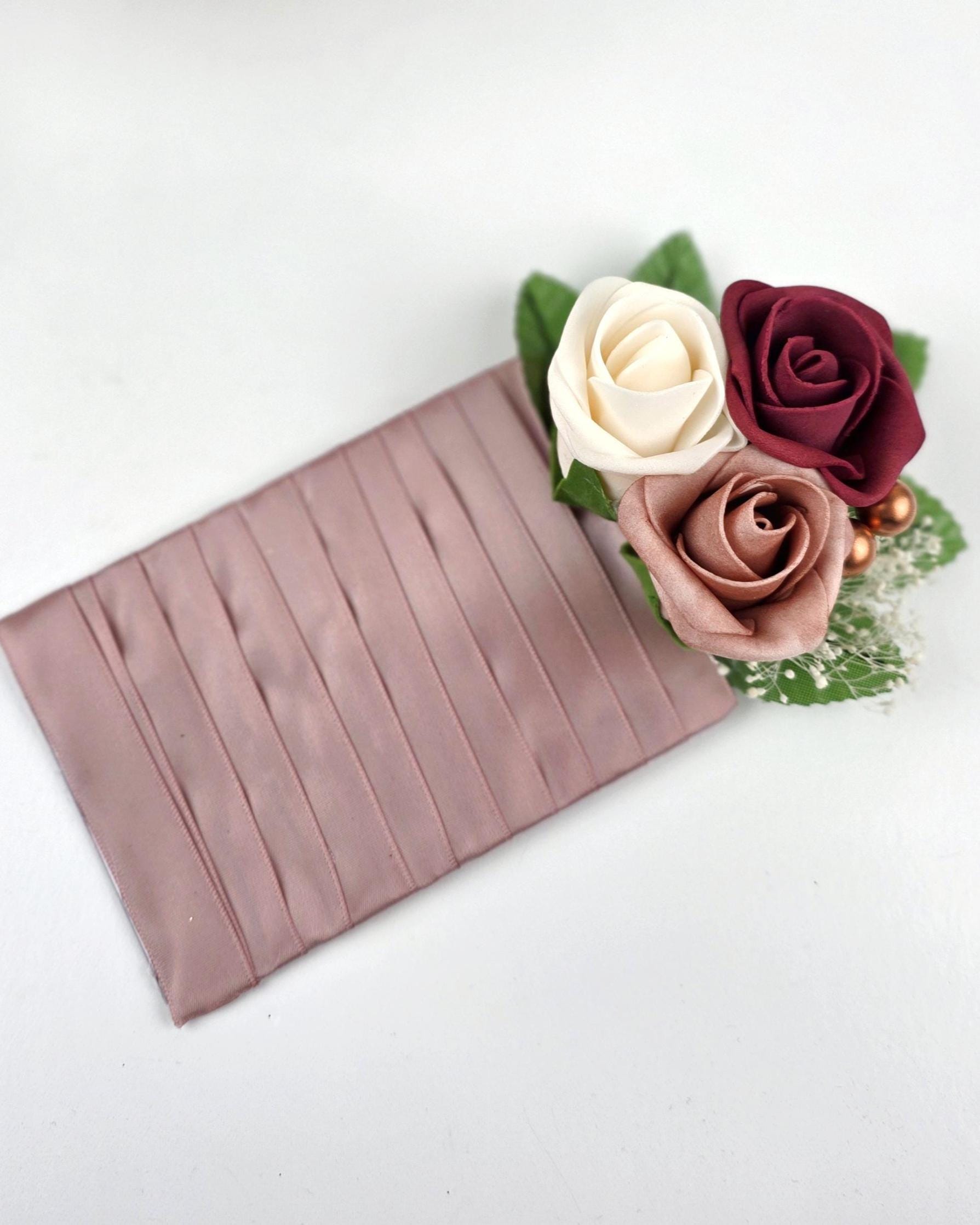 Pocket Boutonniere – Dusty Rose, Cream, and Burgundy Roses, Modern Wedding Flowers, Keepsake Groom Boutonniere and Matching Corsage Options