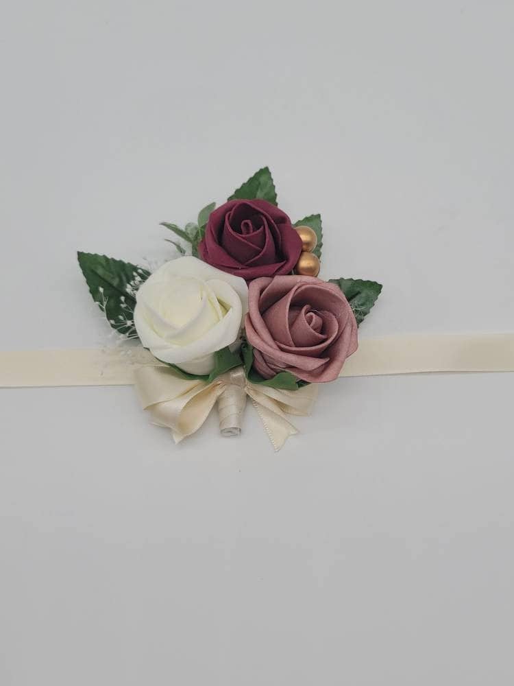 Burgundy,ivory,dusty rose corsage, Eucalyptus/rose Gold Accents,Babis Breath, Matching Boutonnieres/ Bouquets Available 27 Colors Available