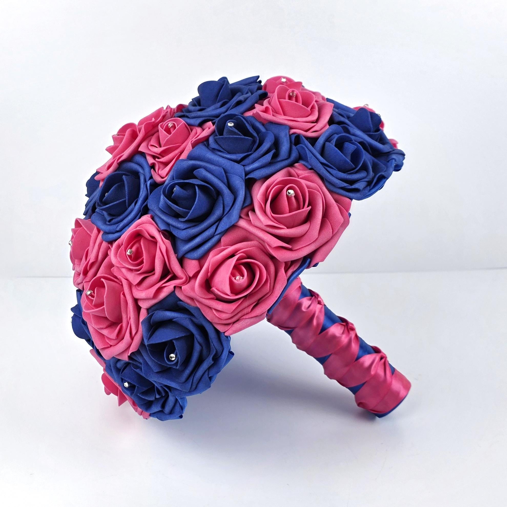 Hot Pink and Royal Blue Wedding Bouquet –Modern Bridal, Quinceañera & Prom, Matching Boutonniere and Corsage