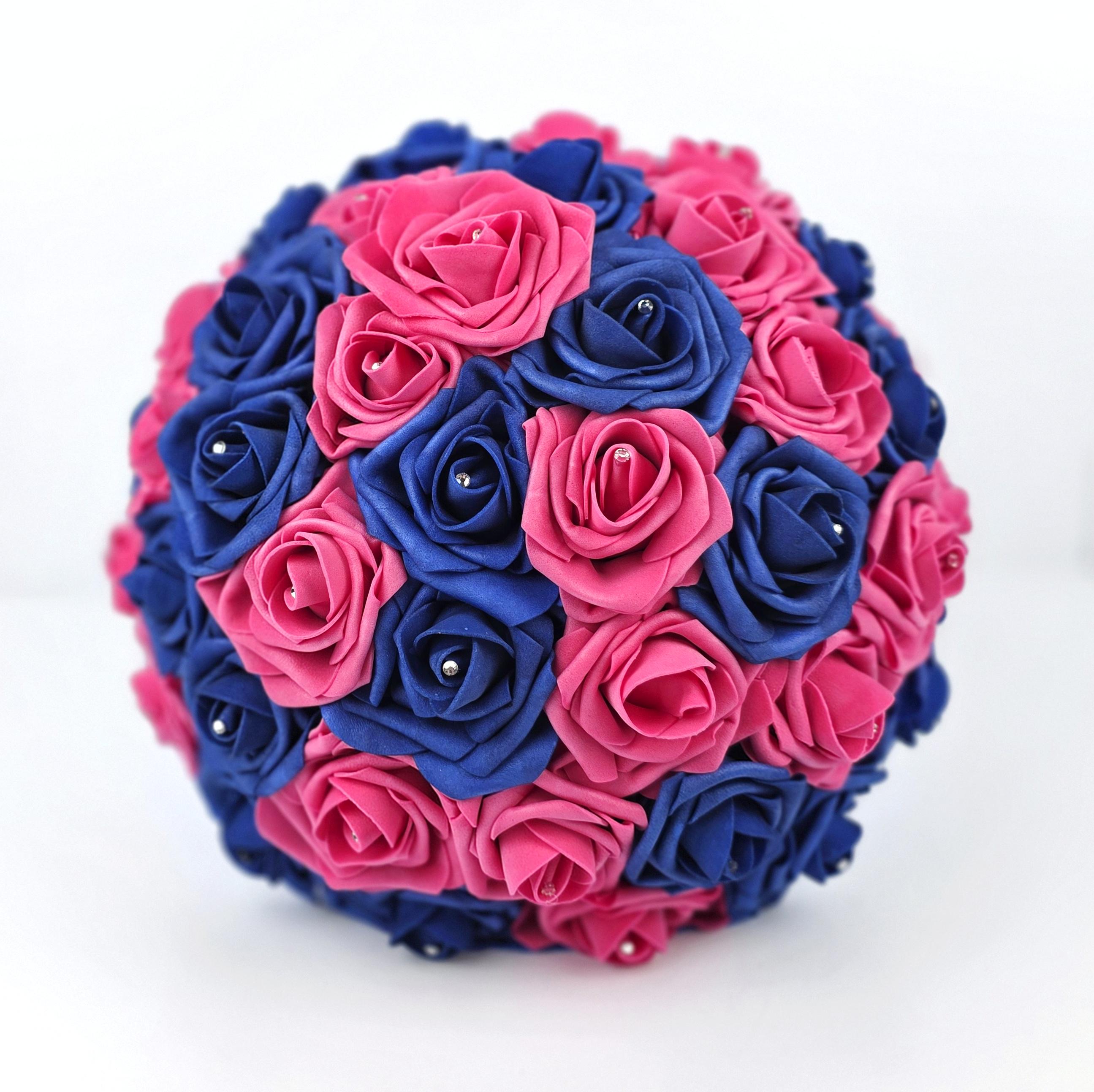 Hot Pink and Royal Blue Wedding Bouquet –Modern Bridal, Quinceañera & Prom, Matching Boutonniere and Corsage