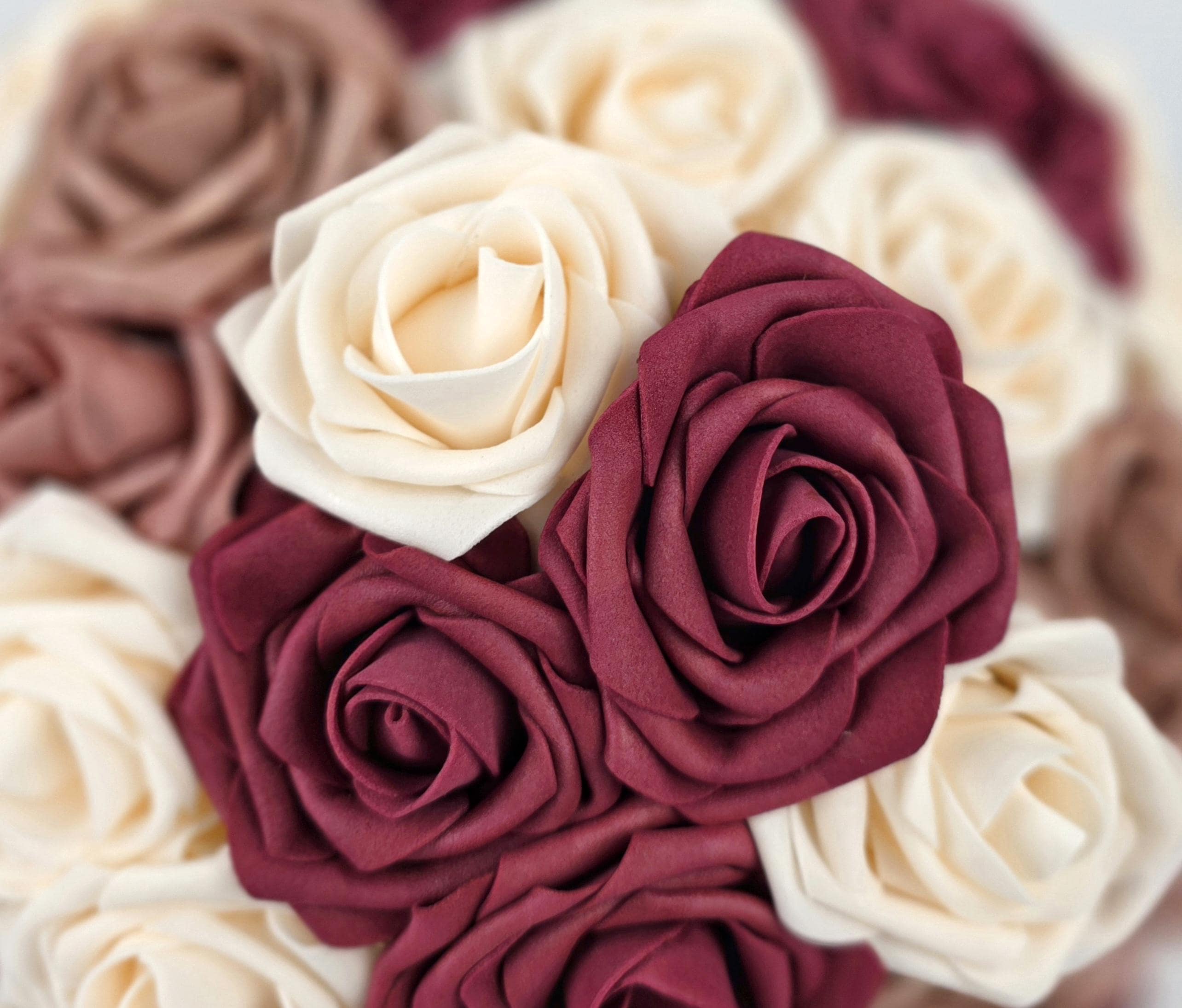 Burgundy, Dusty Rose, & Cream Wedding Bouquet Made With Real Touch Roses, Bridal Bouquet, Bridesmaid Bouquet/ Matching Boutonniere/Corsages