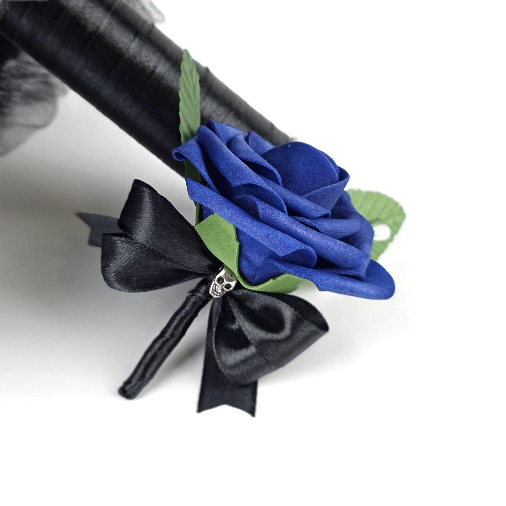 Royal Blue And Black Skull Boutonniere and Corsages, Corsages available in pin on and wrist, Halloween Wedding