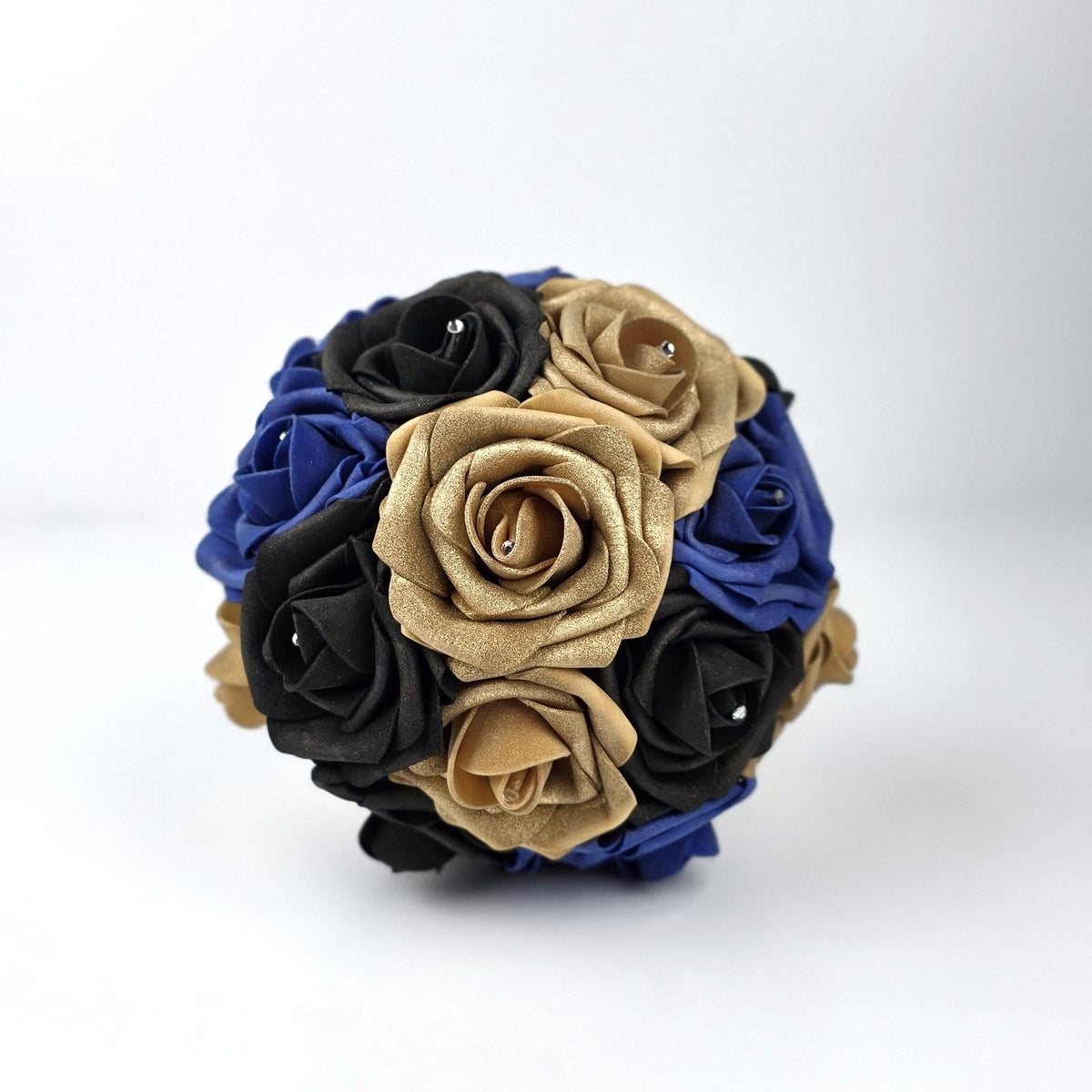 Royal blue, black, and gold real touch rose bouquet