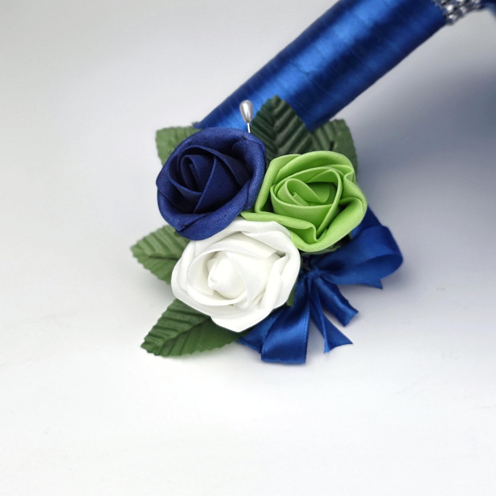 Royal Blue, Lime Green & White Real Touch Rose Brooch Wedding Bouquet, Matching Boutonnieres and Corsages Available