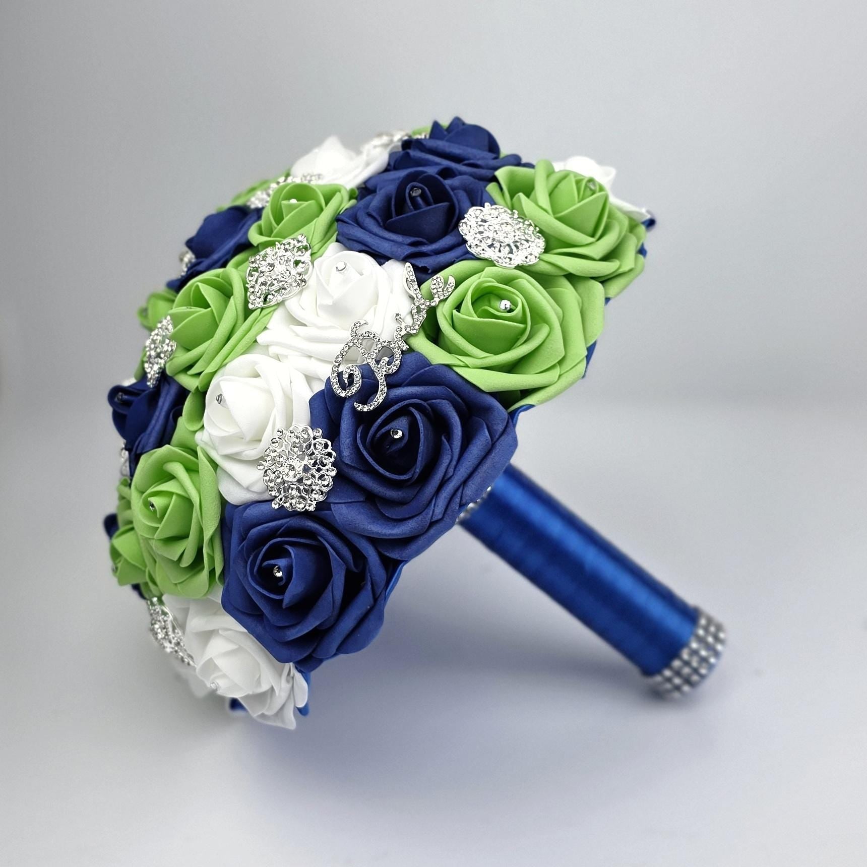 Royal Blue, Lime Green & White Real Touch Rose Brooch Wedding Bouquet, Matching Boutonnieres and Corsages Available