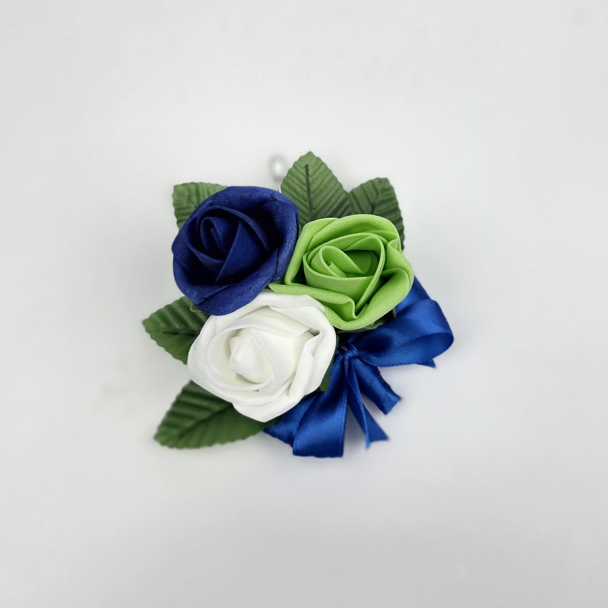 Royal Blue, Lime Green & White Real Touch Rose Brooch Wedding Bouquet, Matching Boutonnieres and Corsages Available
