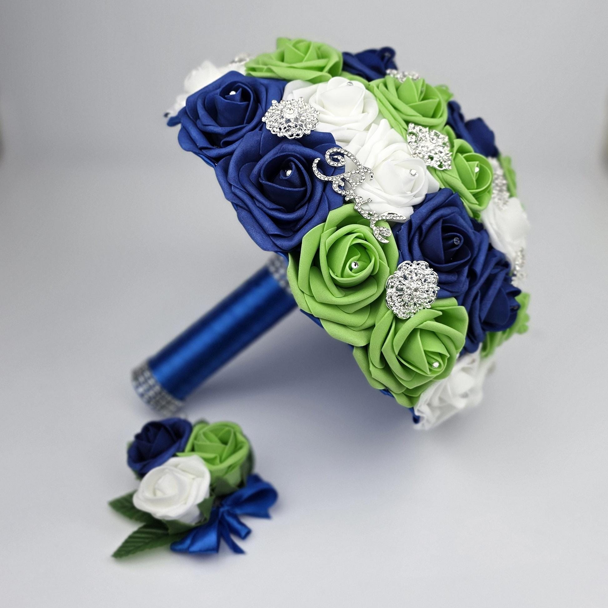 Royal Blue, Lime Green & White Real Touch Rose Brooch Wedding Bouquet, Matching Boutonnieres and Corsages Available