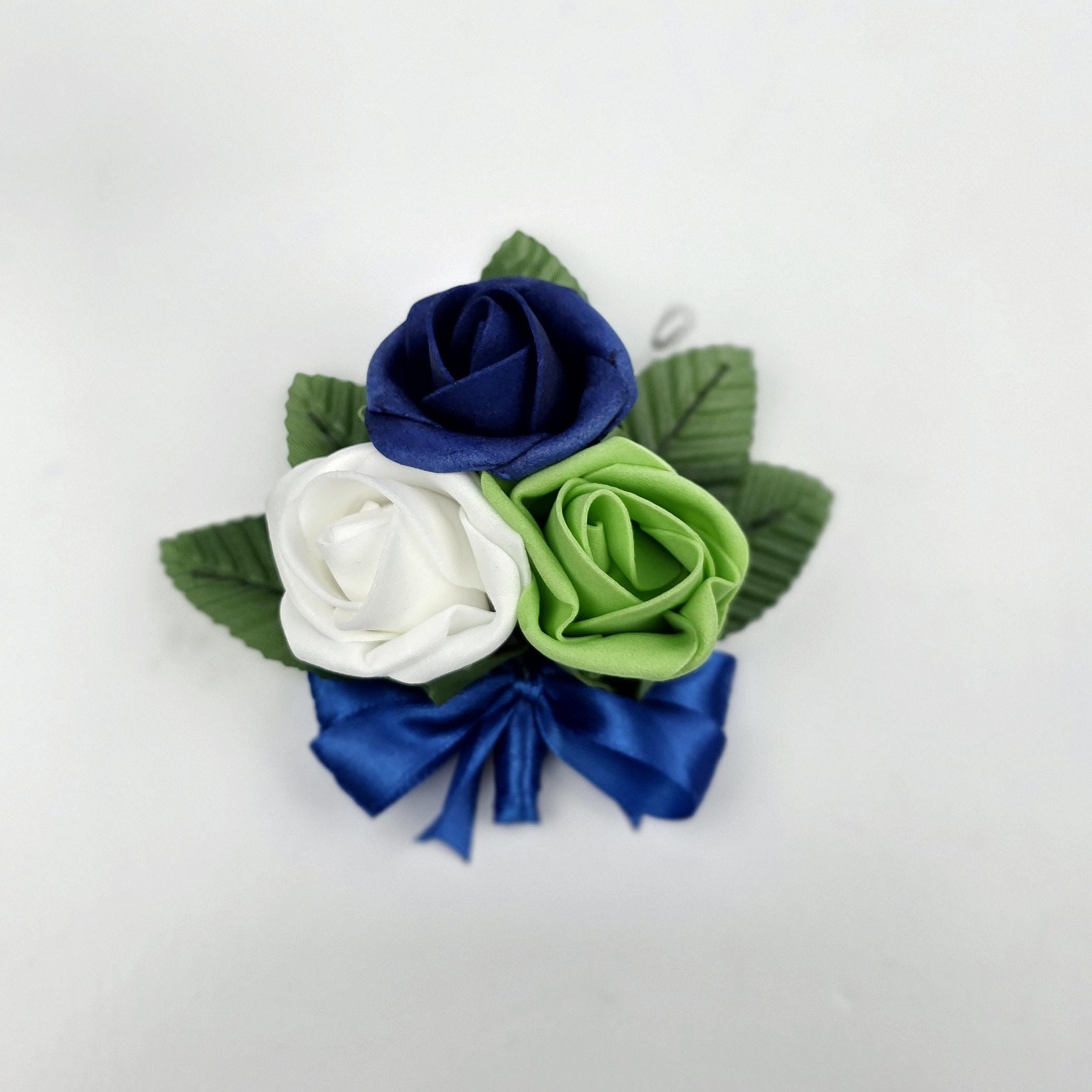 Royal Blue, Lime Green & White Real Touch Rose Brooch Wedding Bouquet, Matching Boutonnieres and Corsages Available