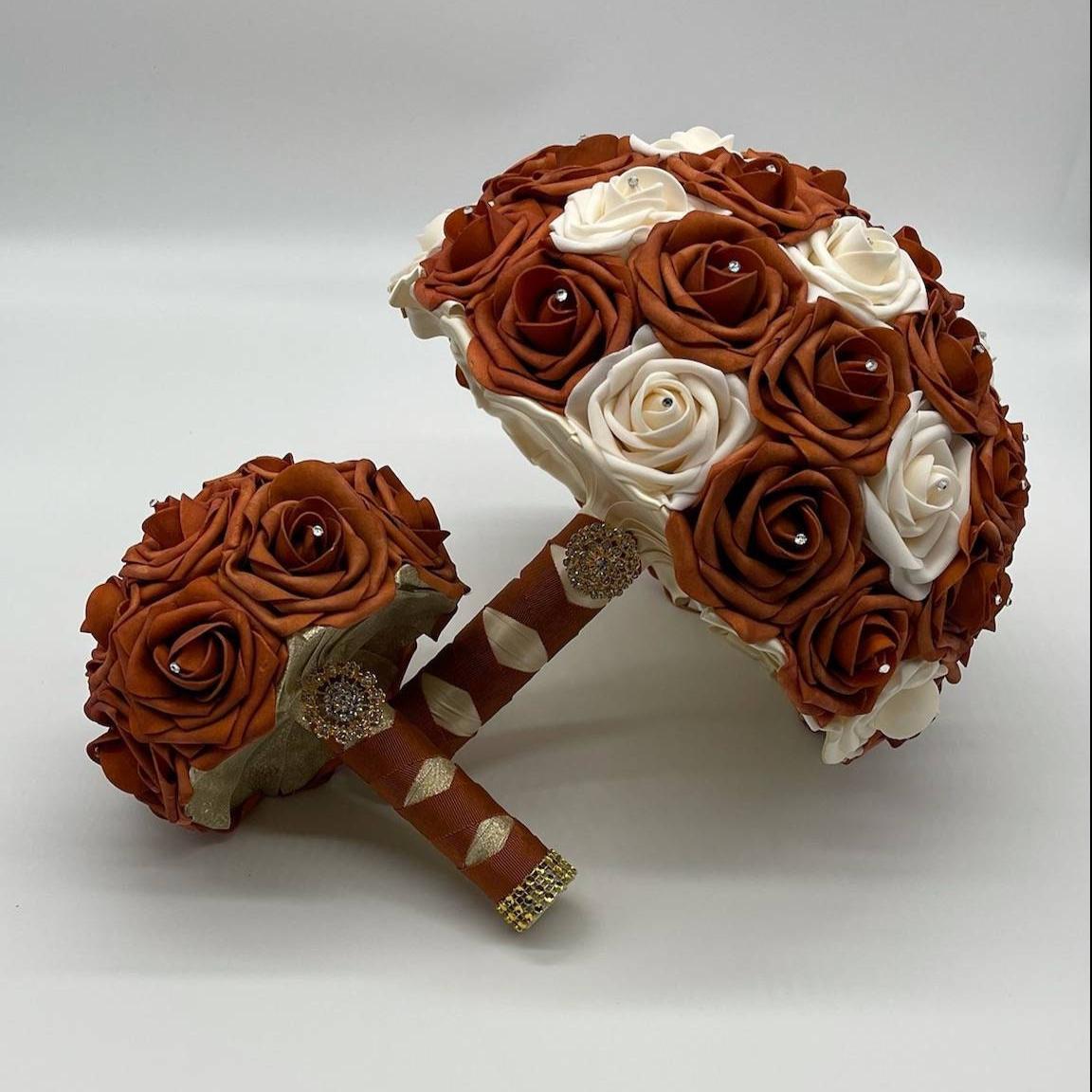 Burnt orange and cream wedding bouquet and burnt orange 6 inch bouquet