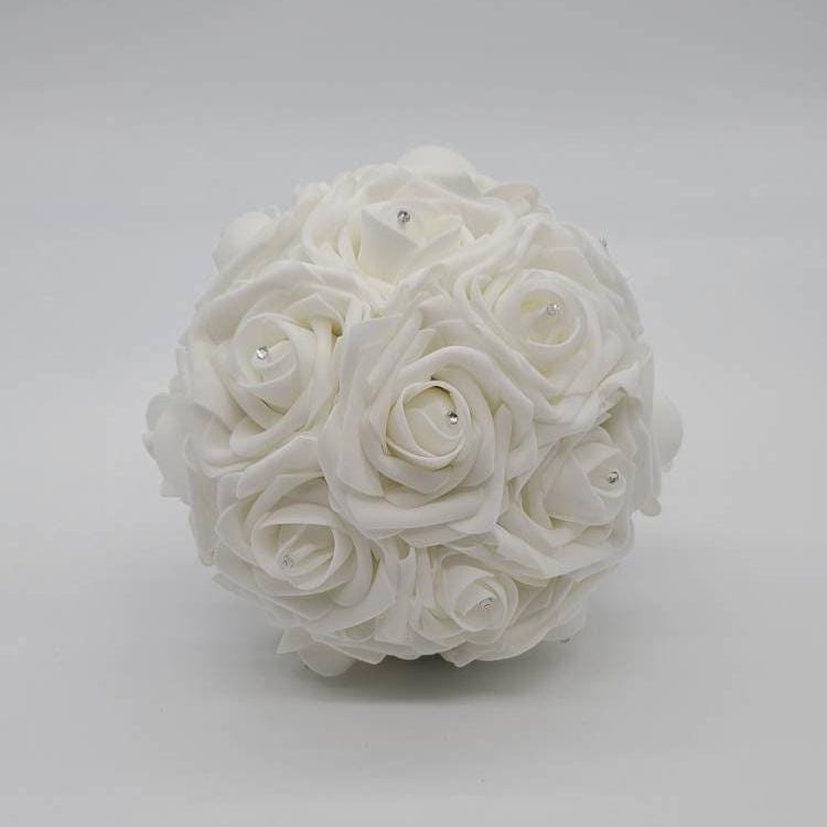 White round rose bouquet made with real touch roses.
