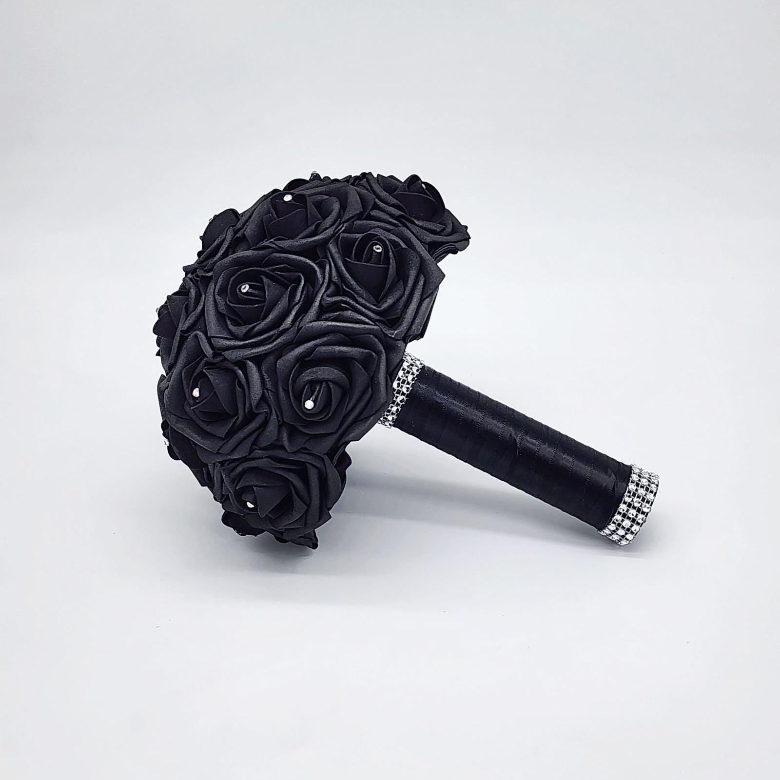 all black bouquet made with Real touch Roses. Rhinestones on every rose.