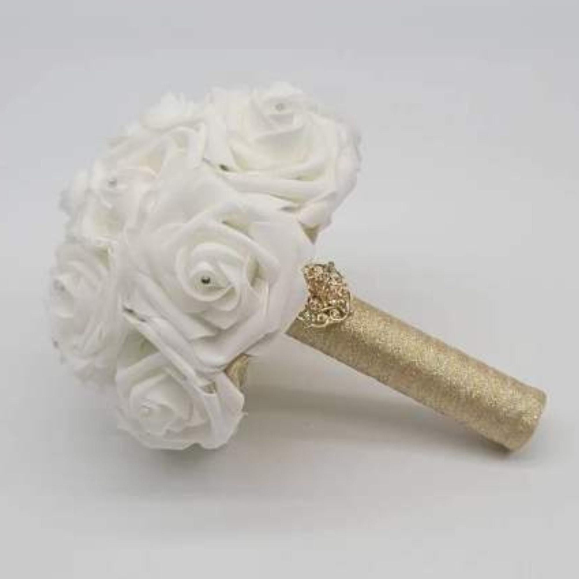 White Real touch rose bridal bouquet with rhinestones in every rose. Handle is made out of gold ribbon and finished with gold brooch.