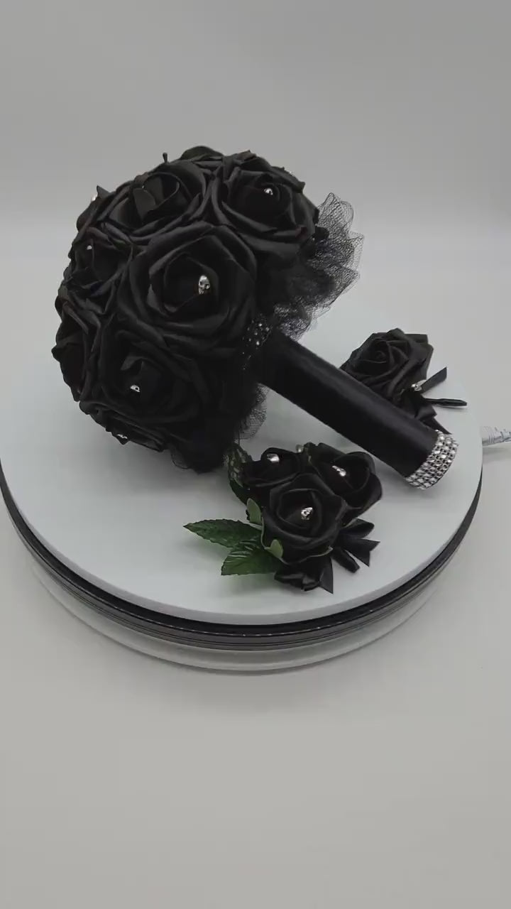 Gothic Skull Black Corsage and Boutonnieres, Corsages Available In Pin On And Wrist, Matching Bouquets Available