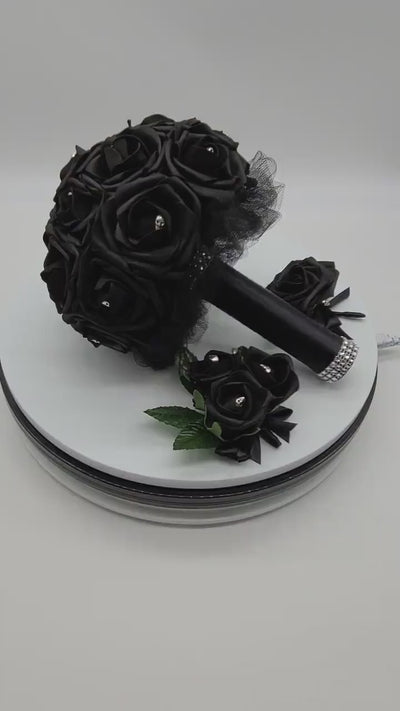 Gothic Skull Black Corsage and Boutonnieres, Corsages Available In Pin On And Wrist, Matching Bouquets Available